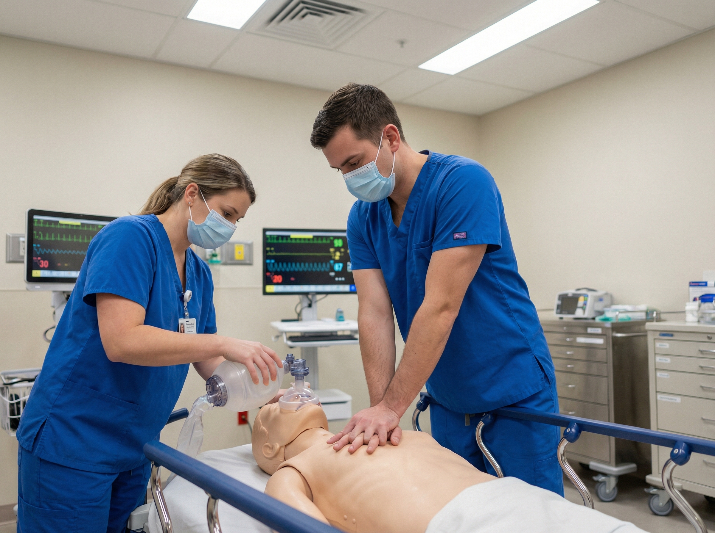 Two-person CPR technique demonstration in a healthcare simulation training center