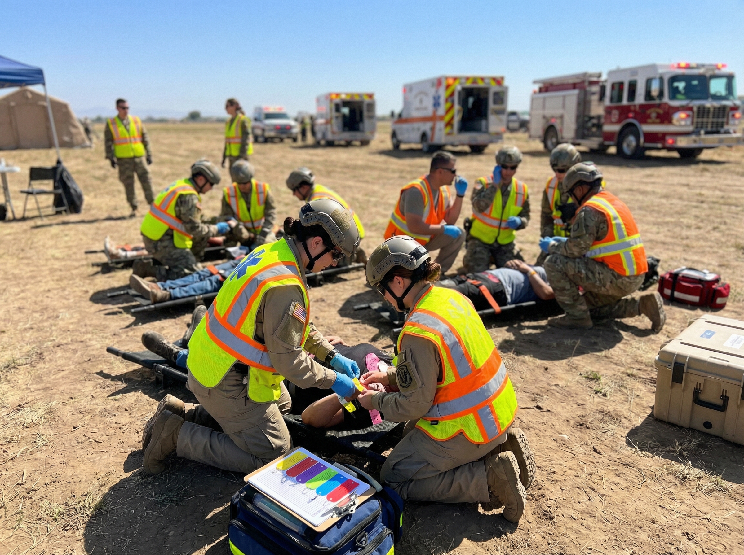 Emergency responders performing multi-patient triage at a mass casualty incident scene