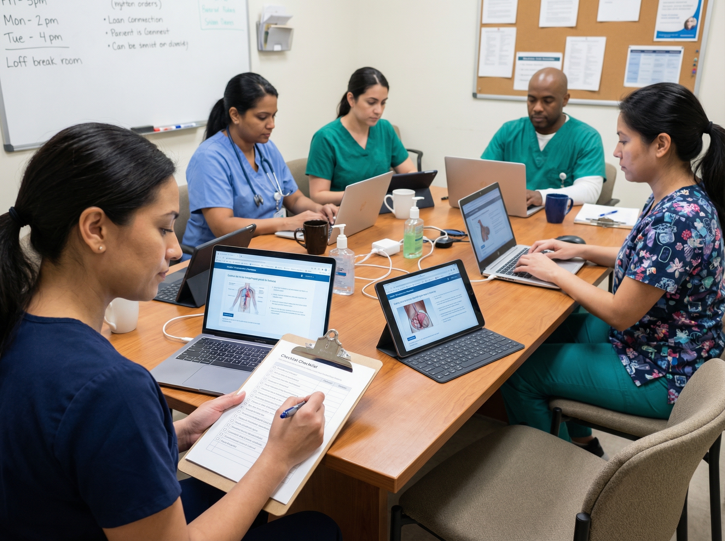 Clinical team completing online ACLS recertification on laptops during a group compliance session