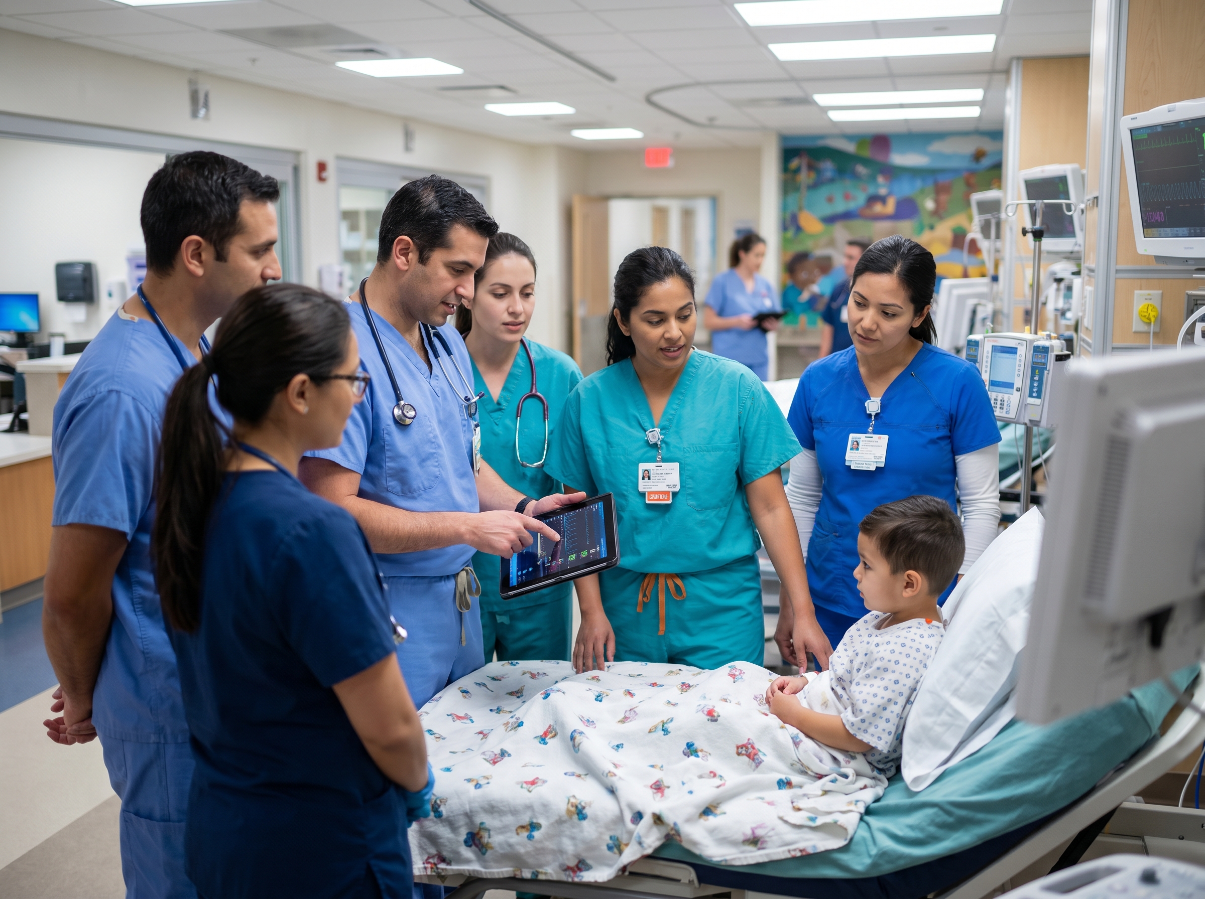 Pediatric emergency team reviewing DKA lab results at bedside