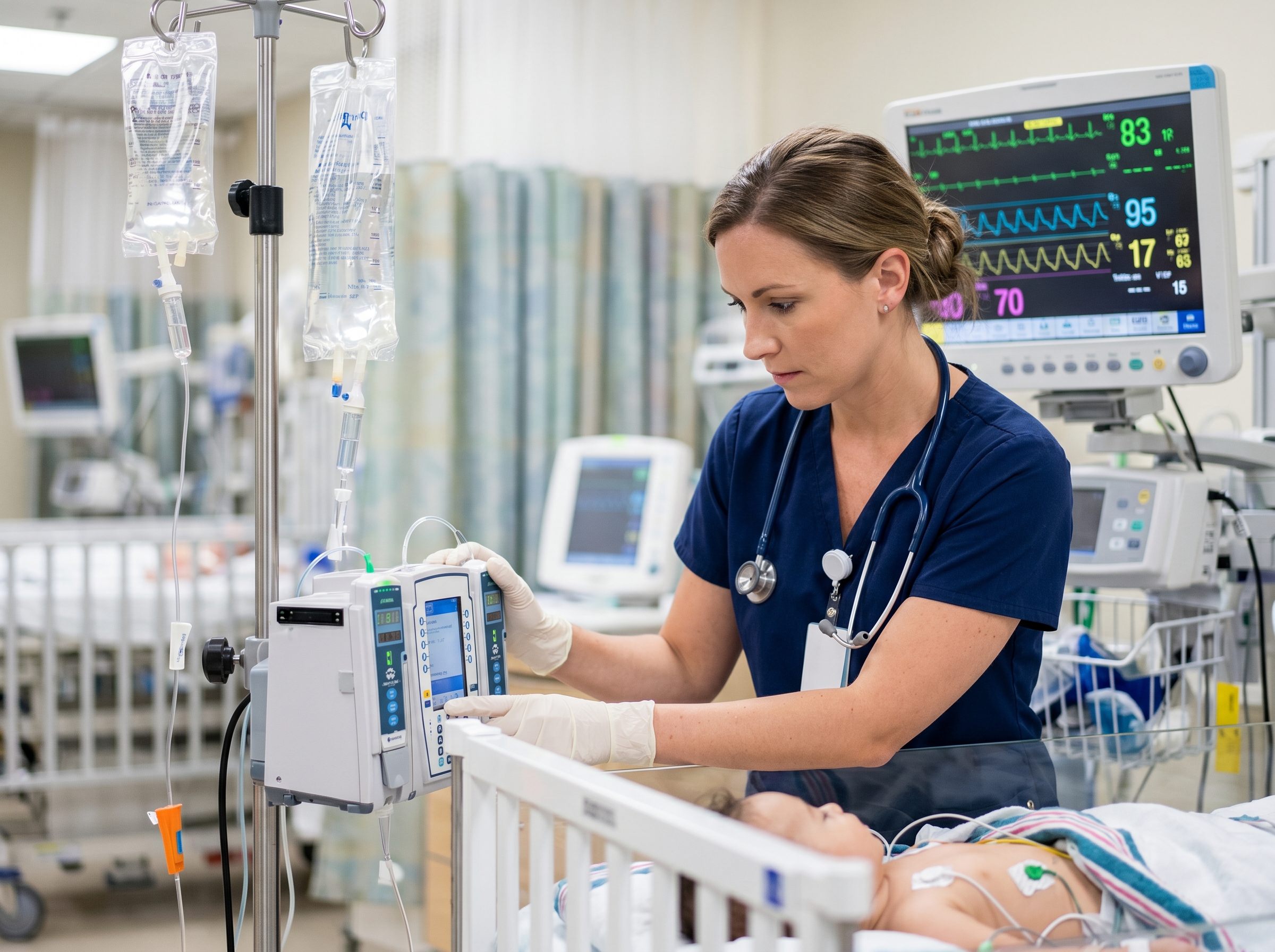 PICU nurse monitoring pediatric patient on continuous cardiac monitoring during DKA treatment