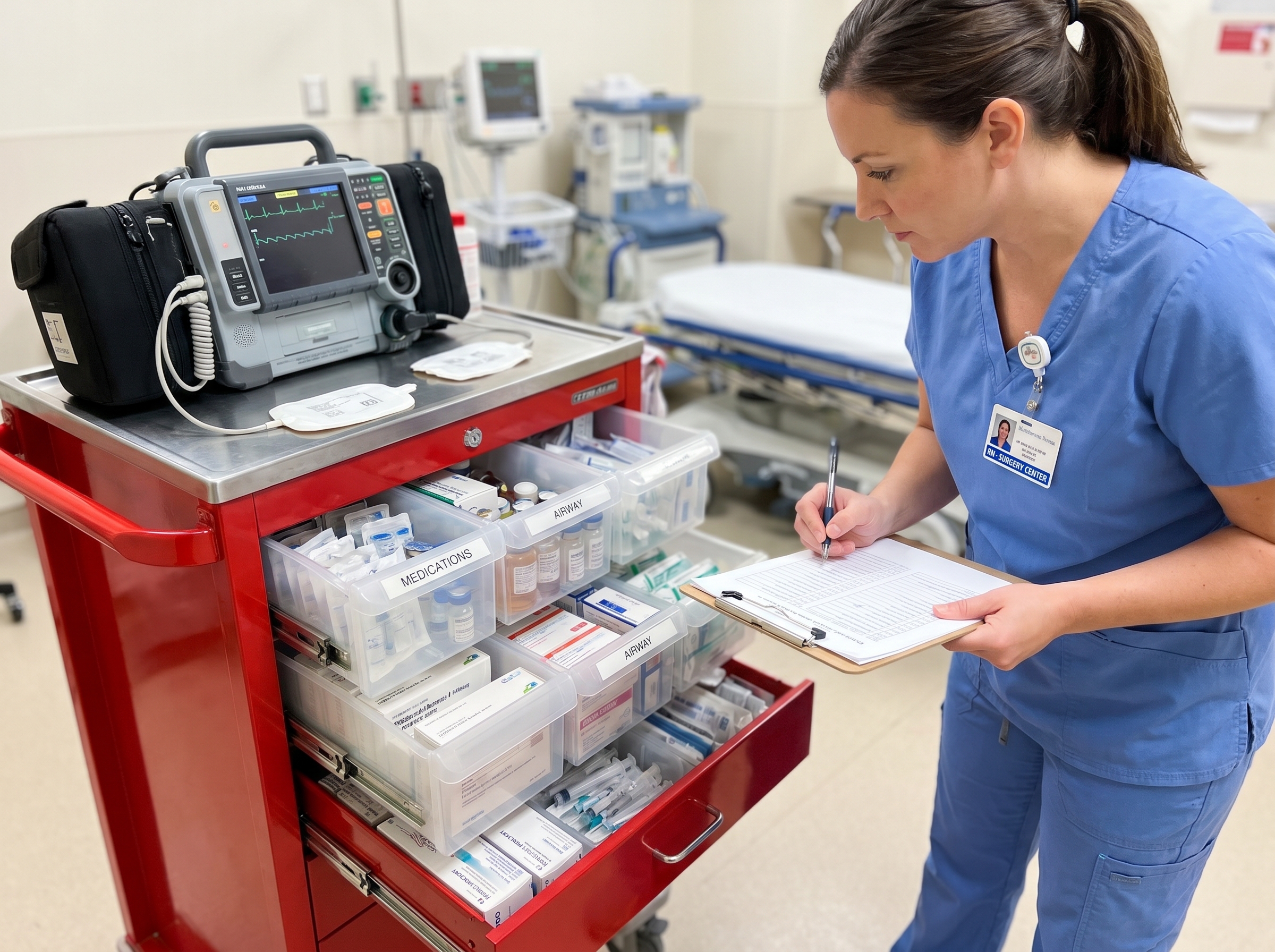 Nurse performing crash cart check in ambulatory surgery center