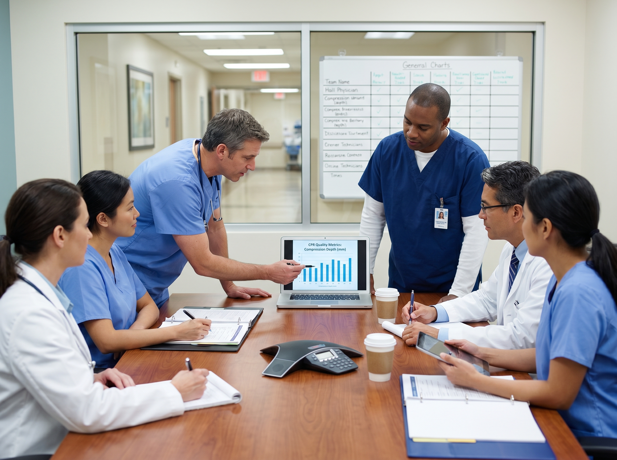 Healthcare team reviewing objective CPR quality metrics during a structured cold debrief session