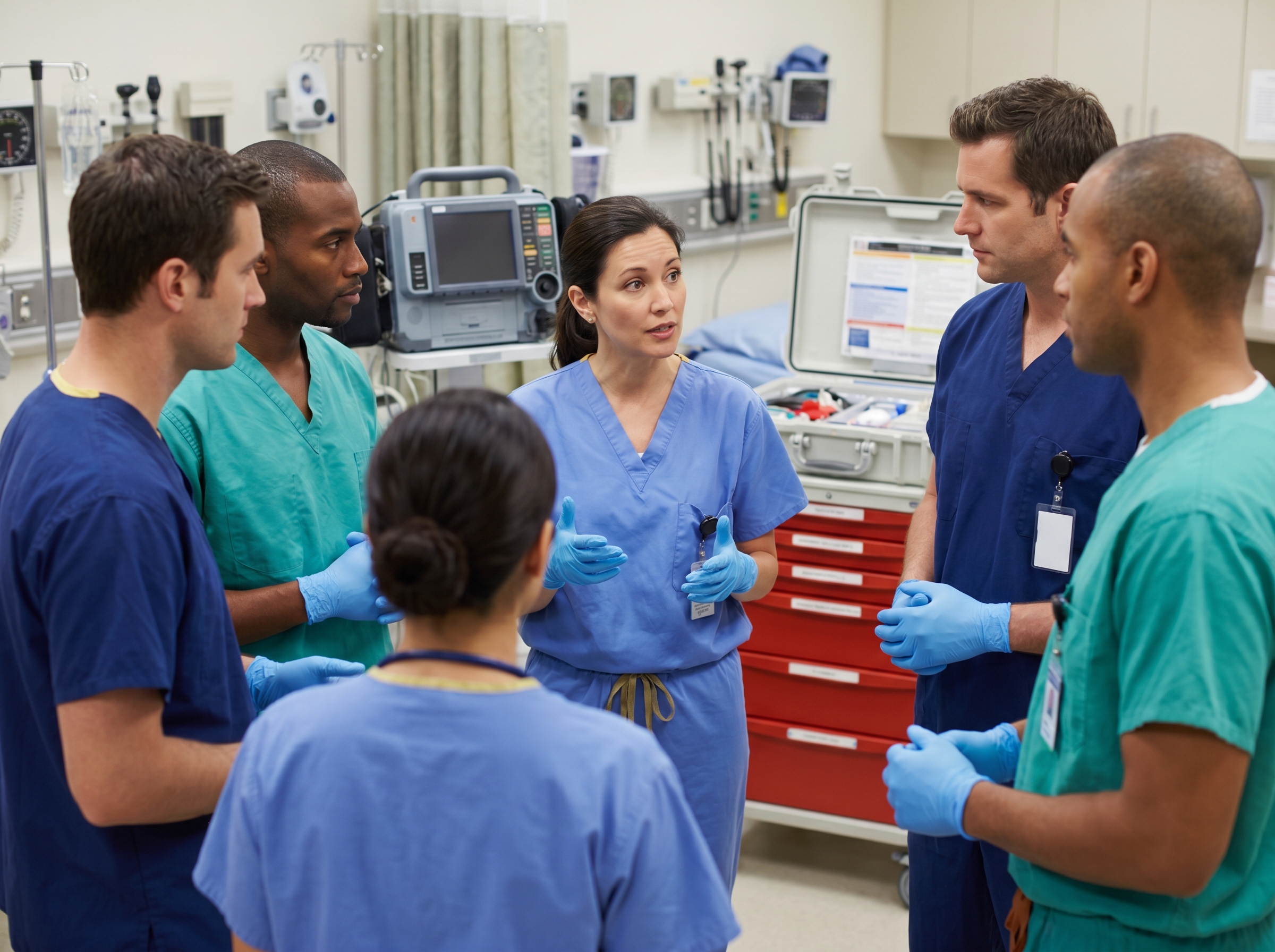 Emergency code team conducting a hot debrief in the resuscitation bay immediately after a cardiac arrest