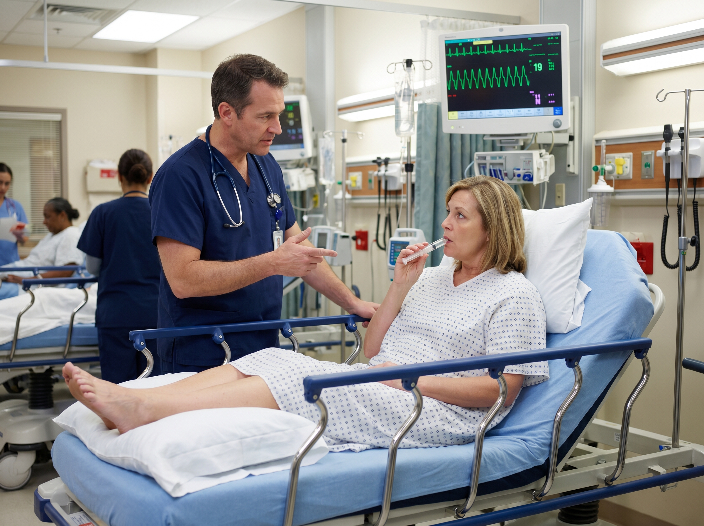 Emergency physician demonstrating modified Valsalva maneuver technique to a patient in the emergency department