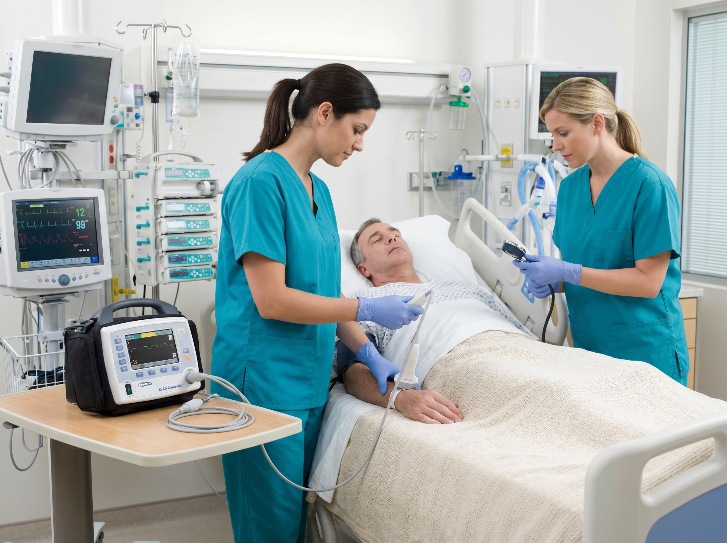 Nurses assessing LVAD patient perfusion using Doppler in ICU setting