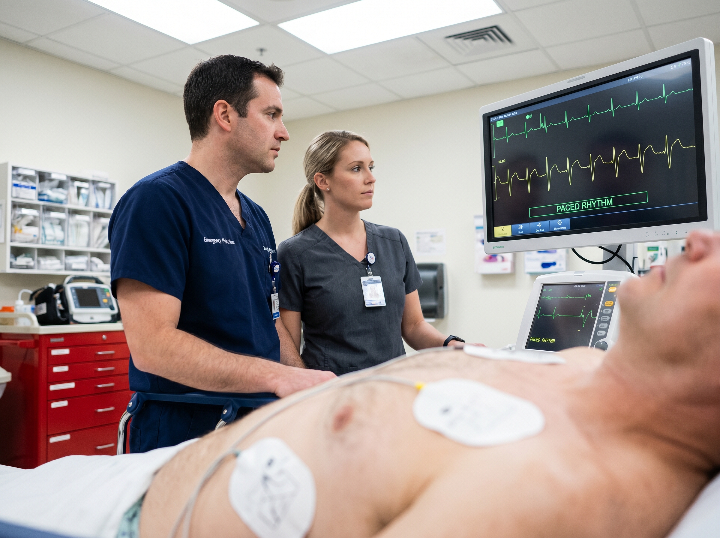 Emergency team reviewing pacemaker ECG rhythm on cardiac monitor during resuscitation
