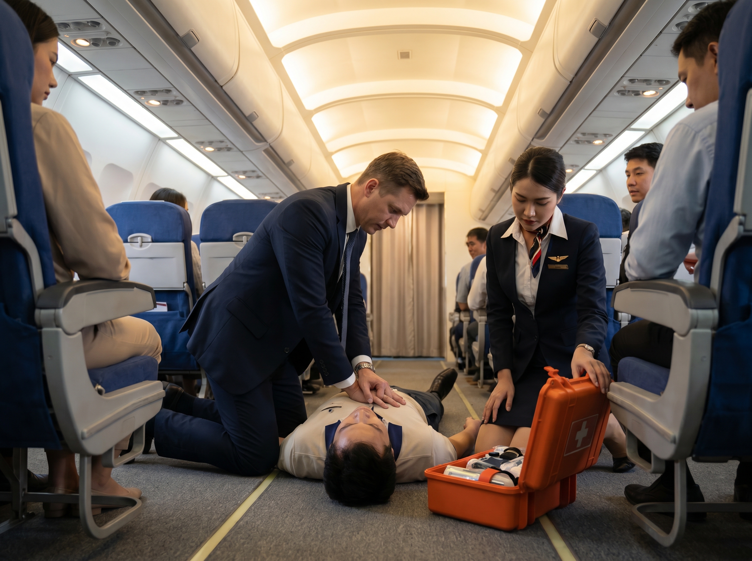 Healthcare provider performing CPR on a passenger in a commercial aircraft aisle