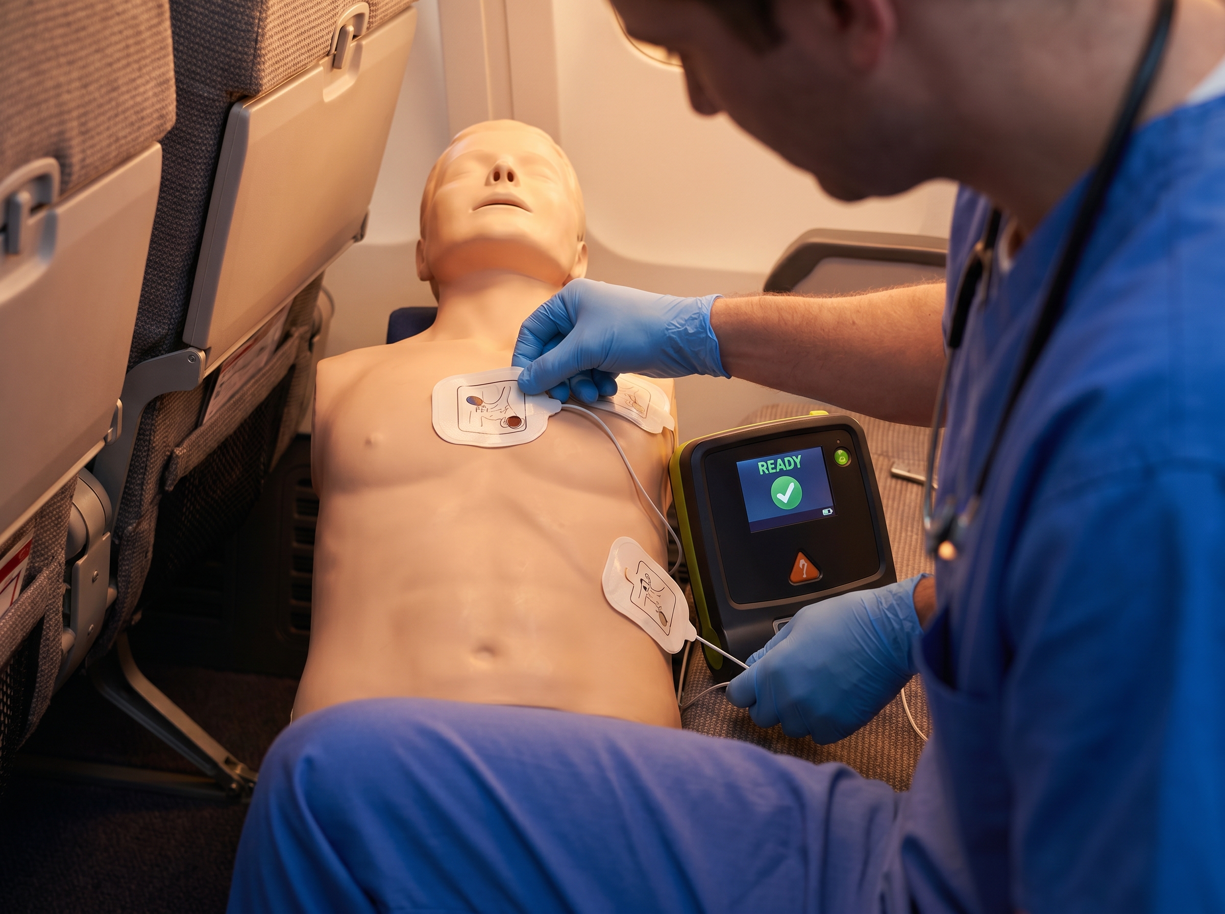 AED electrode pads being applied during in-flight cardiac emergency training simulation