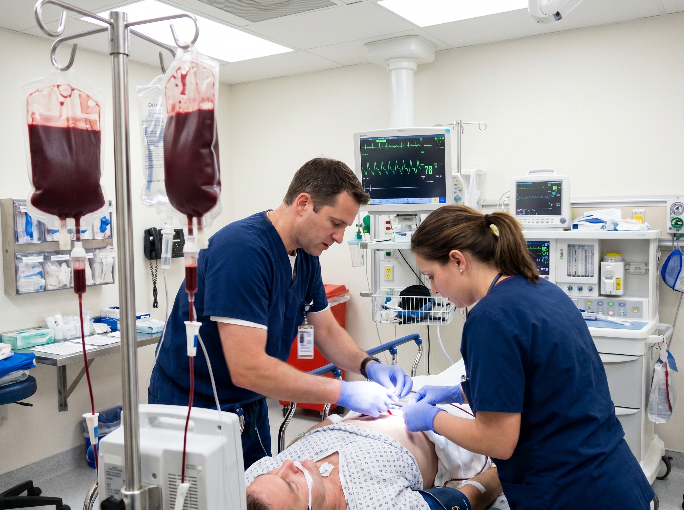 Emergency team managing hemorrhagic cardiac arrest with blood products and cardiac monitoring in a trauma bay