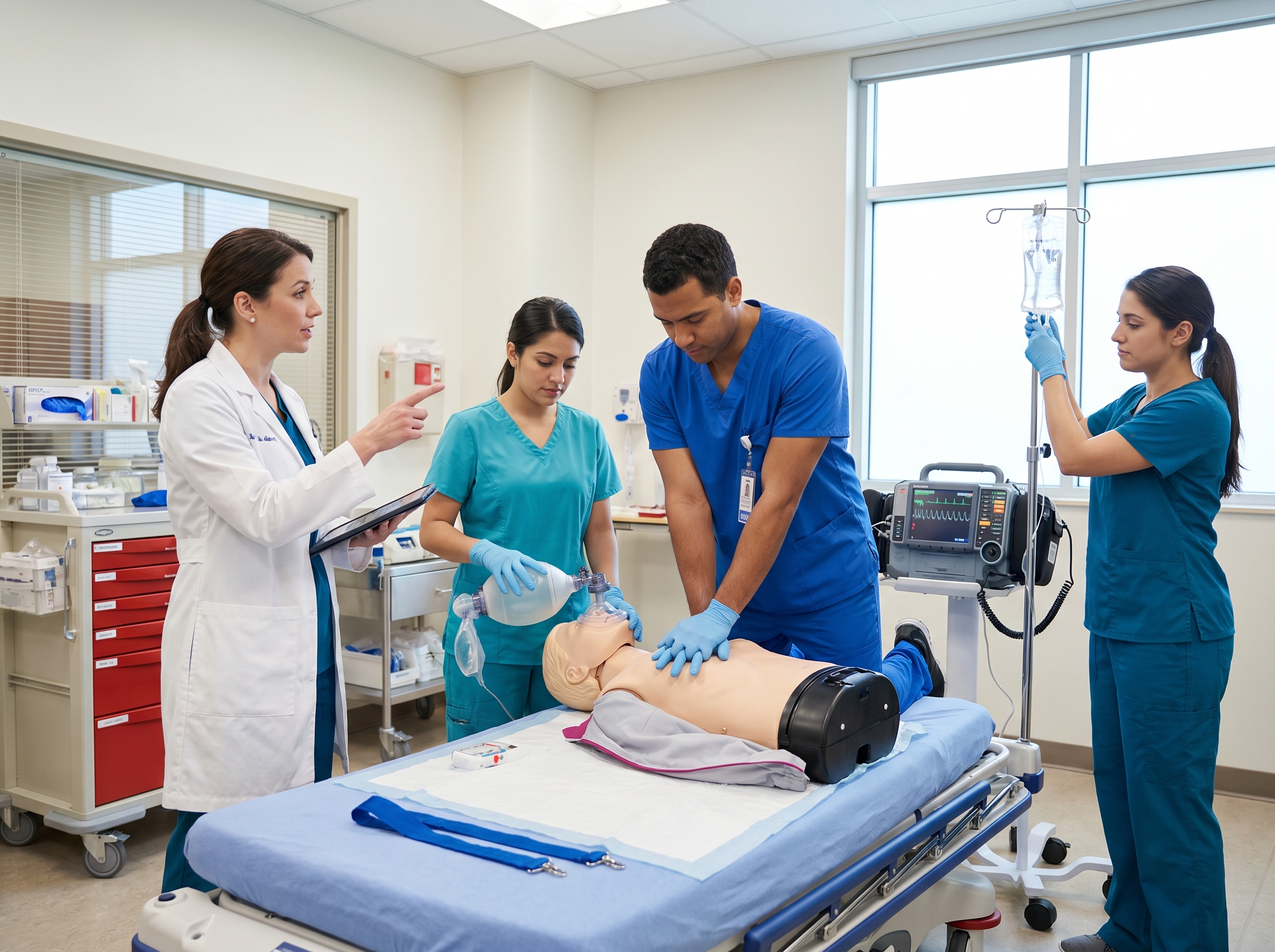ACLS team leader directing cardiac arrest resuscitation during megacode training scenario in hospital simulation lab