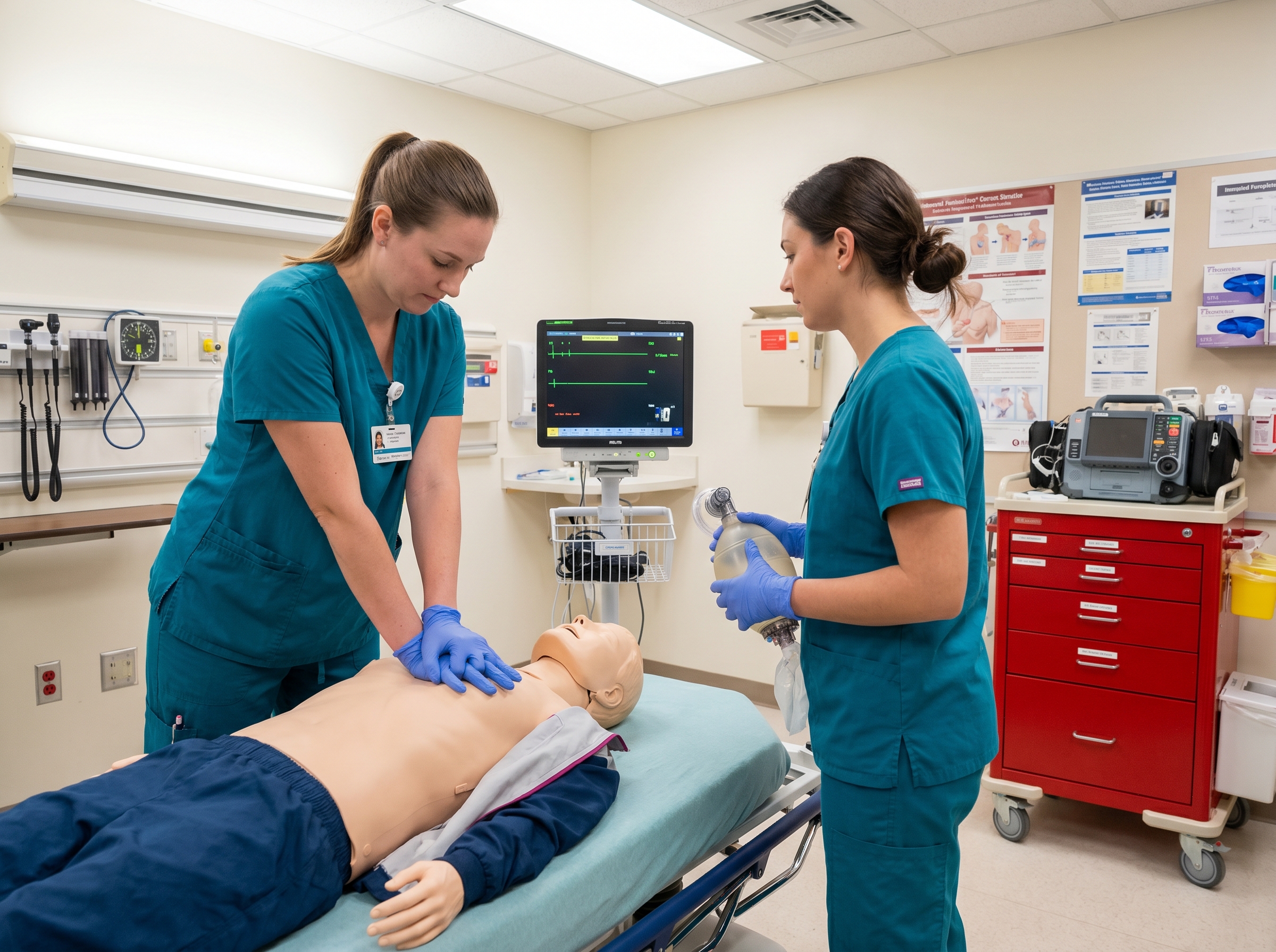 Nurses performing CPR chest compressions on mannequin during ACLS training for non-shockable rhythms