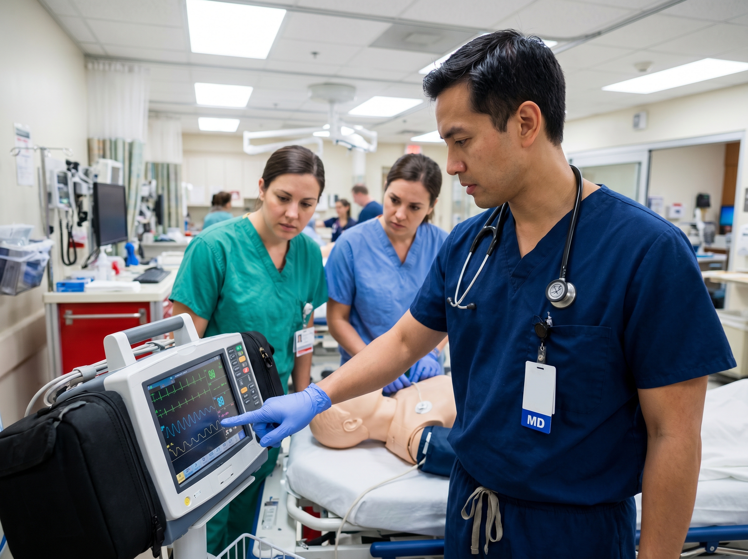 Emergency physician reviewing cardiac rhythm on monitor during ACLS scenario