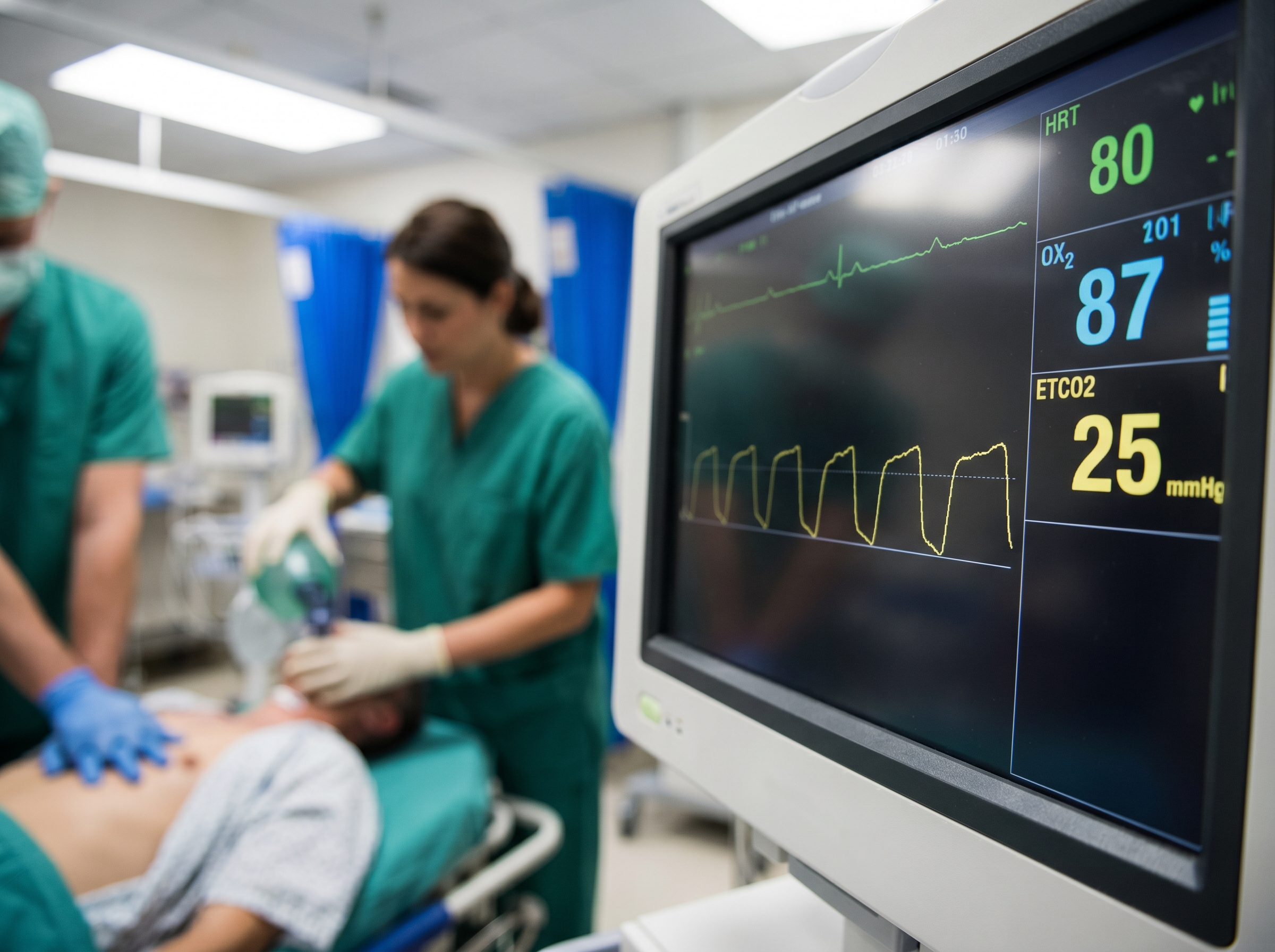 Waveform capnography monitor displaying ETCO2 during cardiac arrest resuscitation