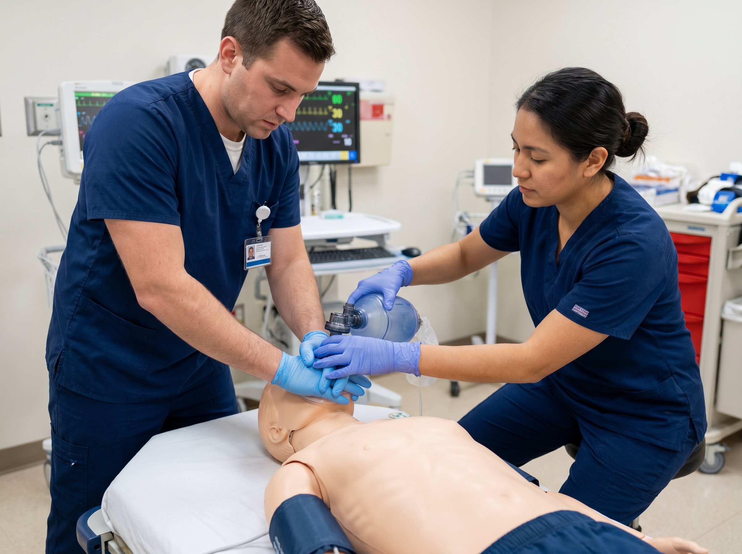Two providers performing two-person bag-mask ventilation technique on a training mannequin