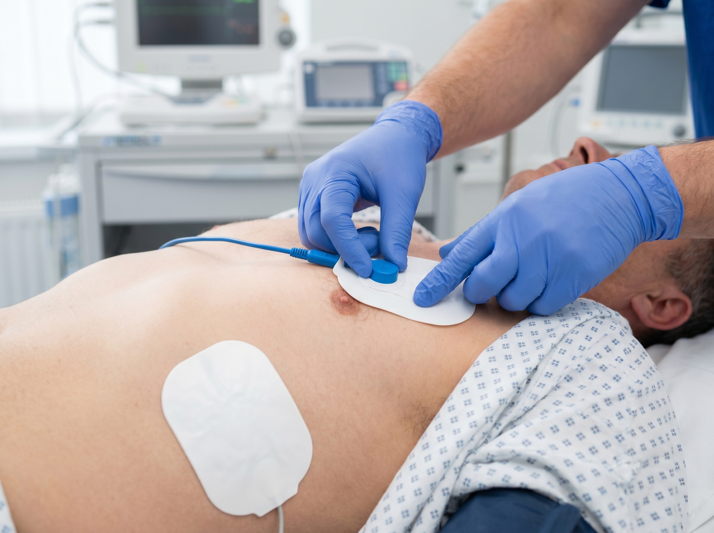 Correct anterolateral defibrillator pad placement demonstrated on patient chest