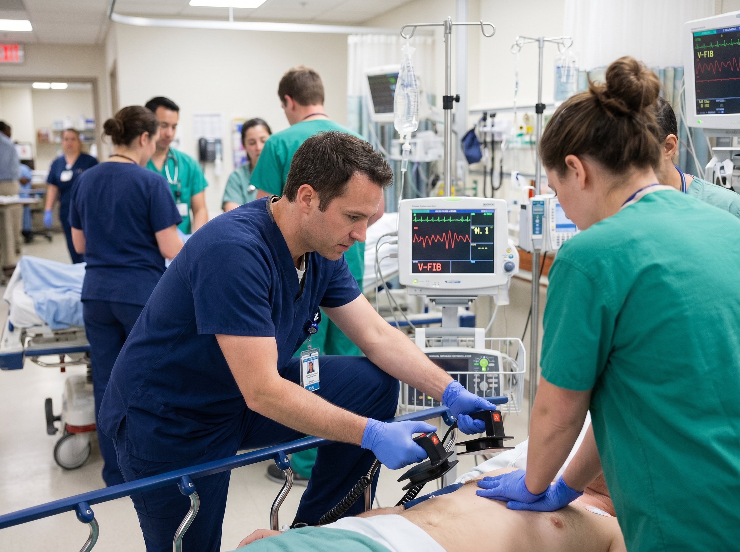 Emergency physician operating manual defibrillator during cardiac arrest resuscitation