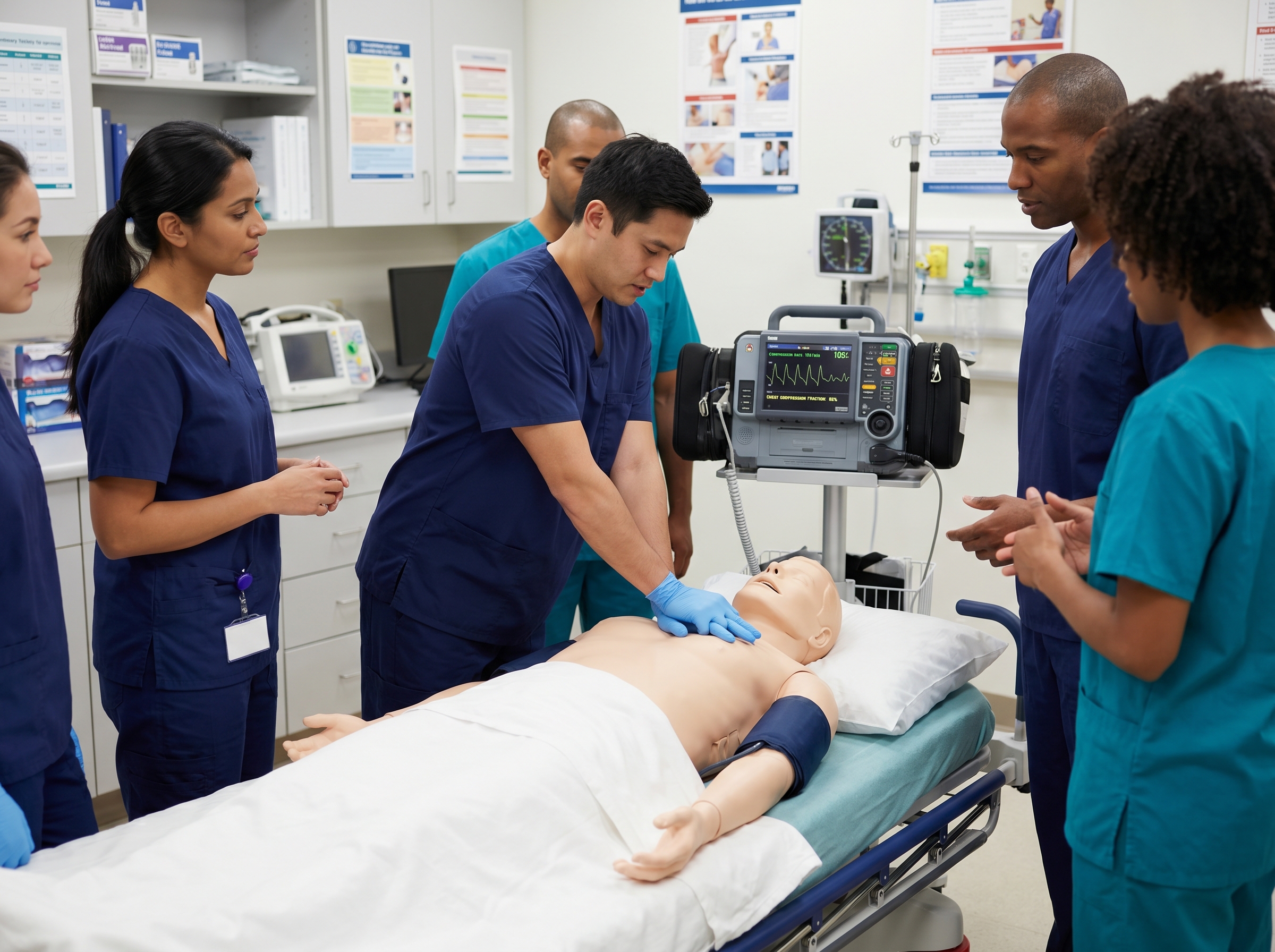 Healthcare team performing CPR during resuscitation training with real-time defibrillator feedback showing chest compression fraction