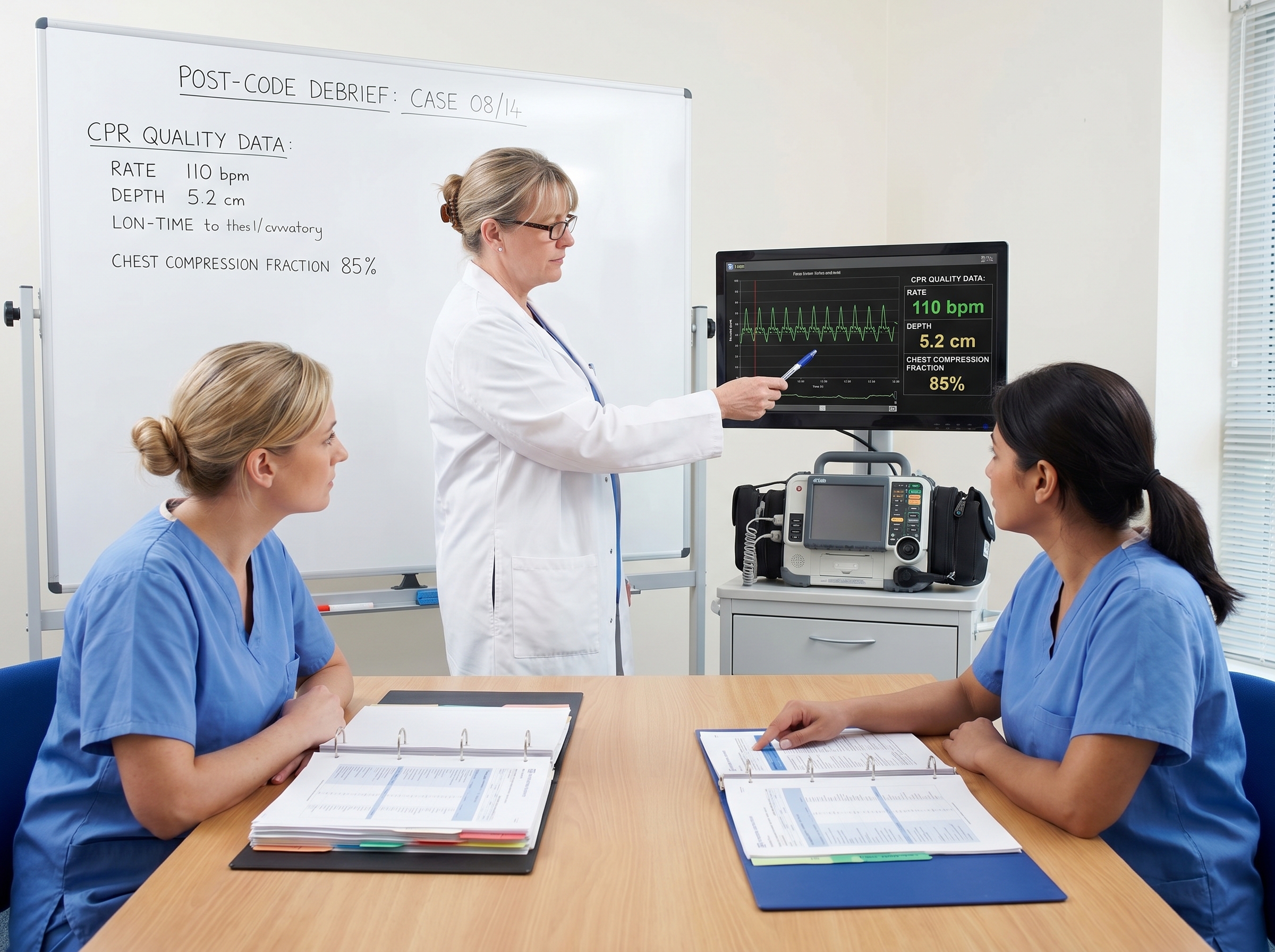 Clinical educator reviewing CPR quality data and chest compression fraction metrics during post-code debrief session