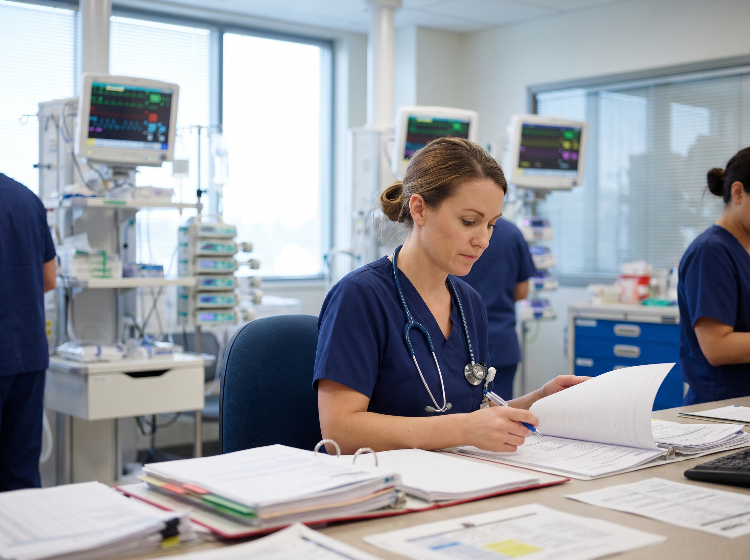 Nurse reviewing certification and career documentation at an ICU nursing station