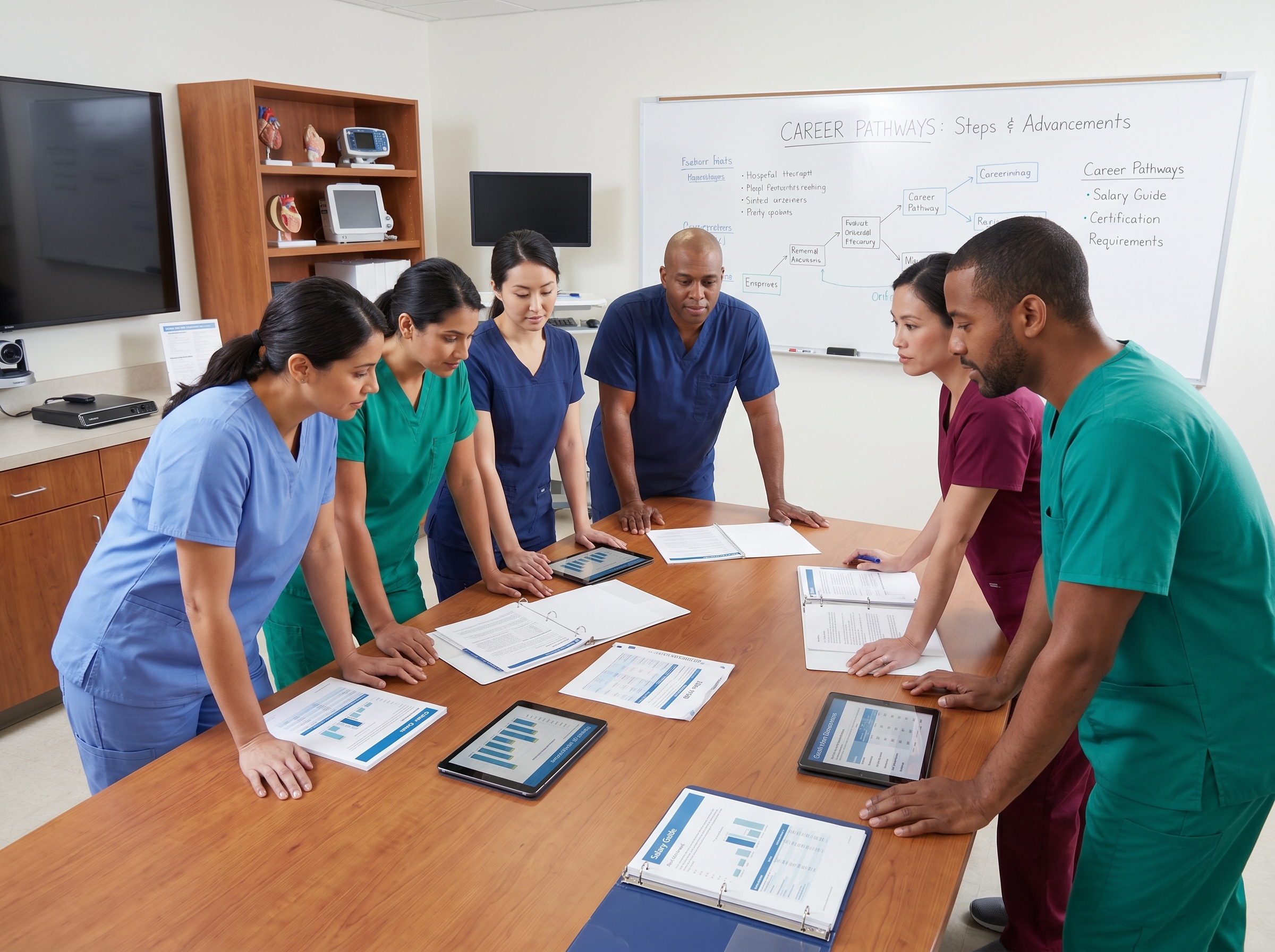 Healthcare professionals reviewing salary data and certification requirements in a hospital meeting