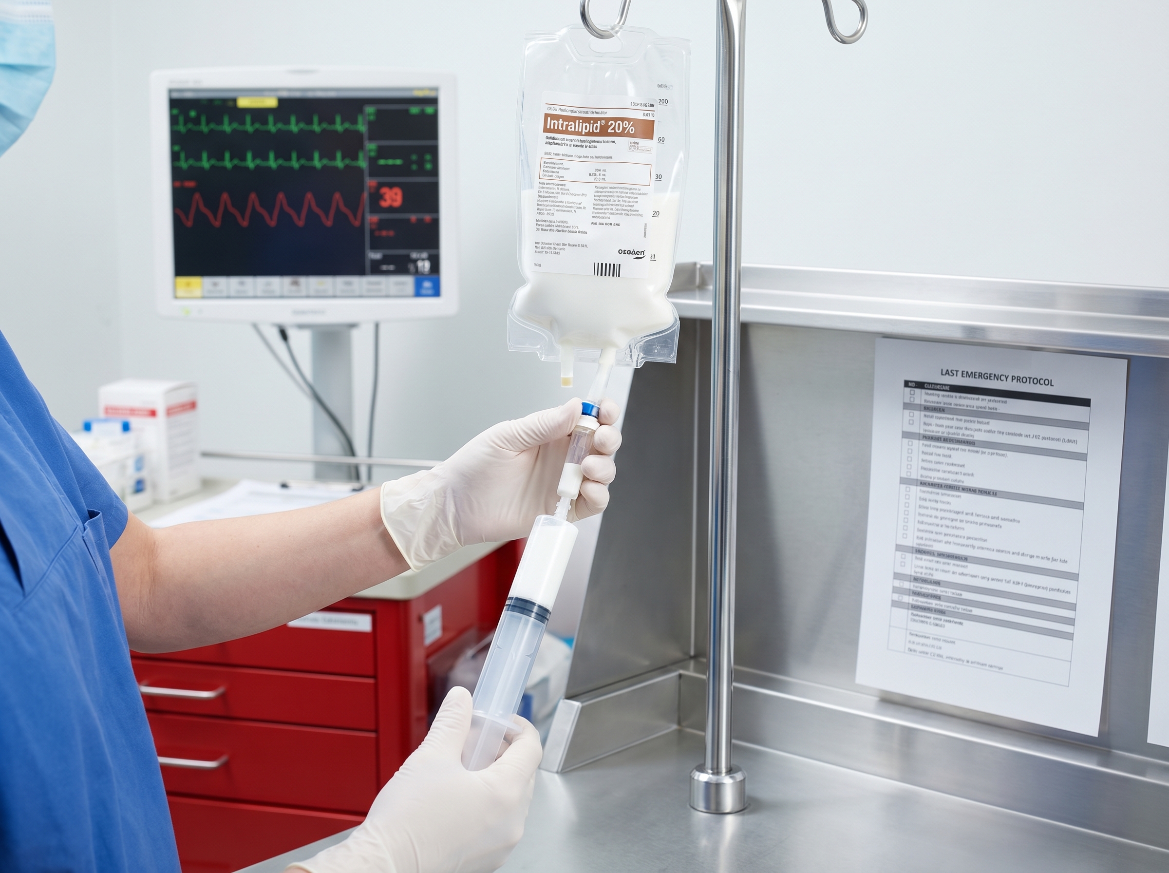 Healthcare provider preparing 20% lipid emulsion for LAST emergency treatment