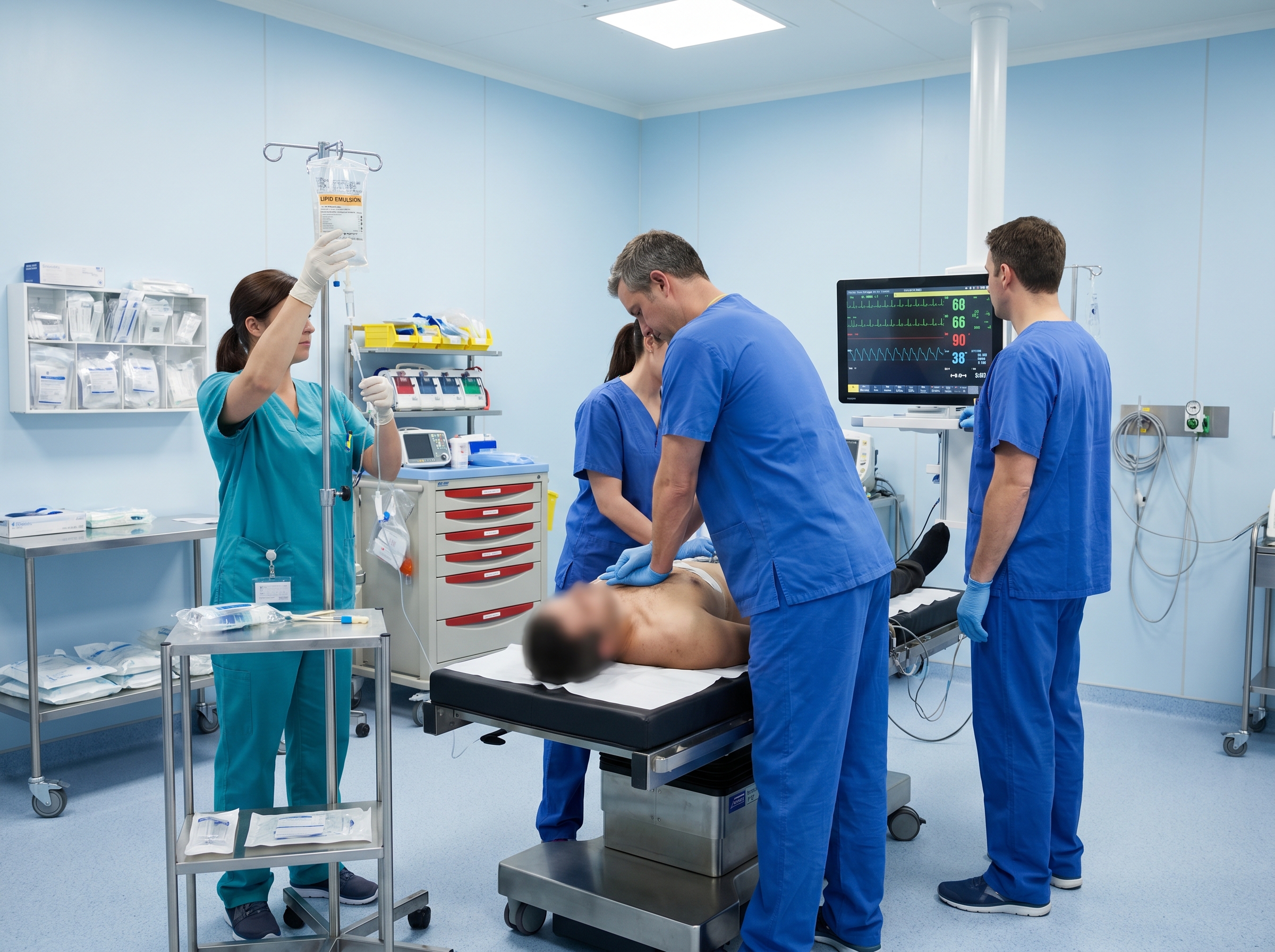 Emergency team responding to local anesthetic systemic toxicity in a procedure room