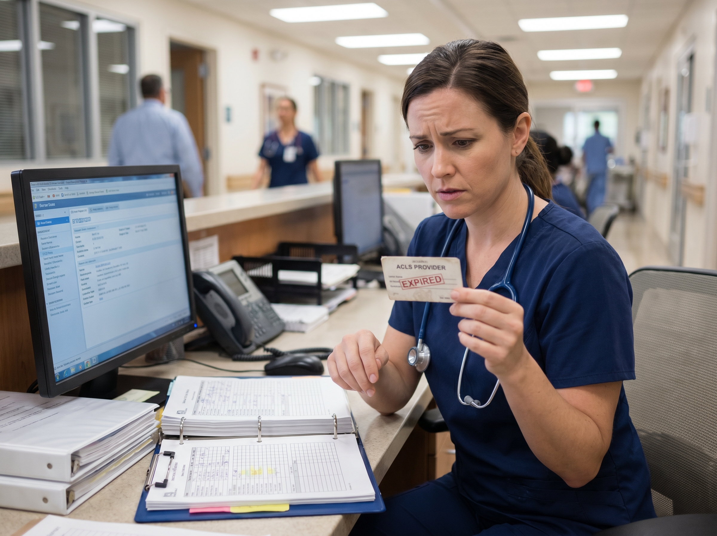 Nurse reviewing expired ACLS certification card at hospital nurses station