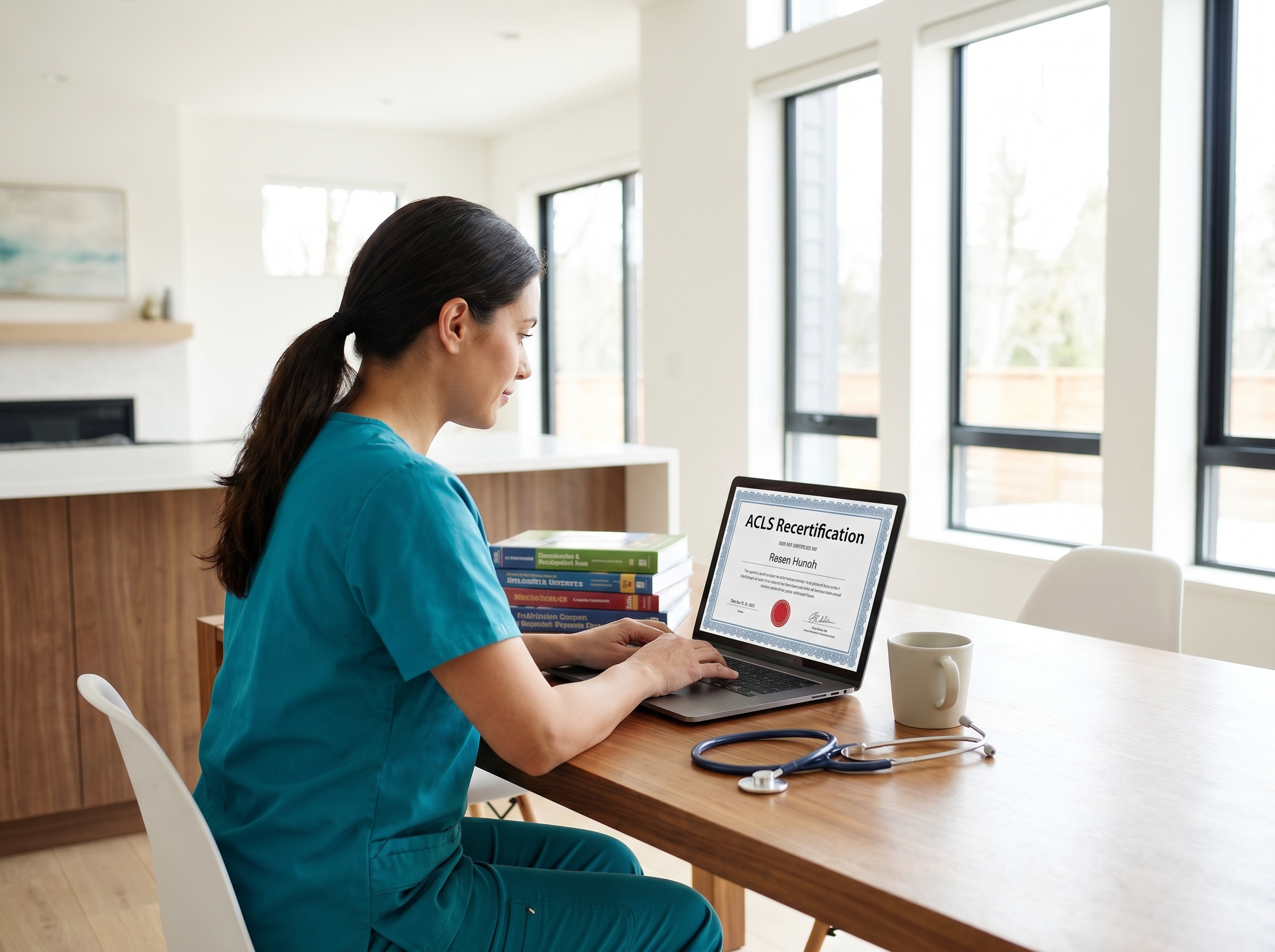 Healthcare professional completing online ACLS recertification course on laptop