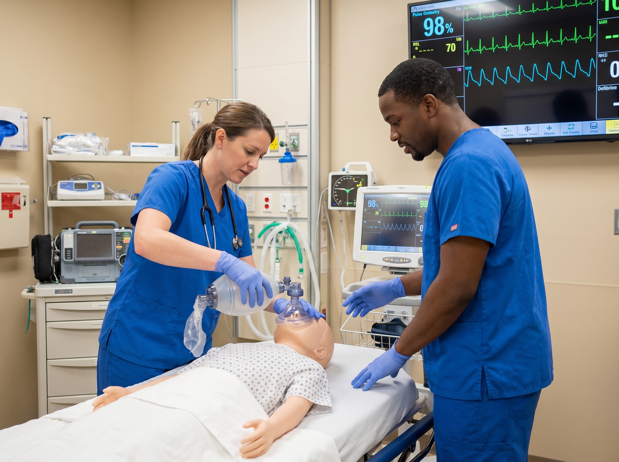 Pediatric healthcare team performing airway and ventilation assessment on child training mannequin