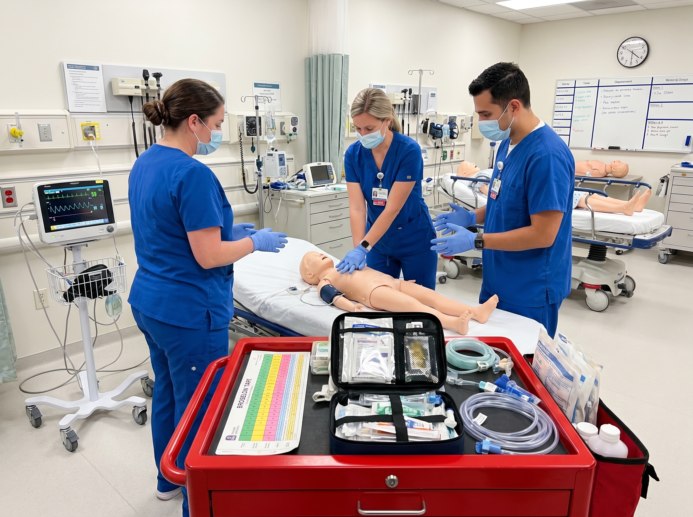 Medical team performing CPR on pediatric mannequin during PALS bradycardia simulation