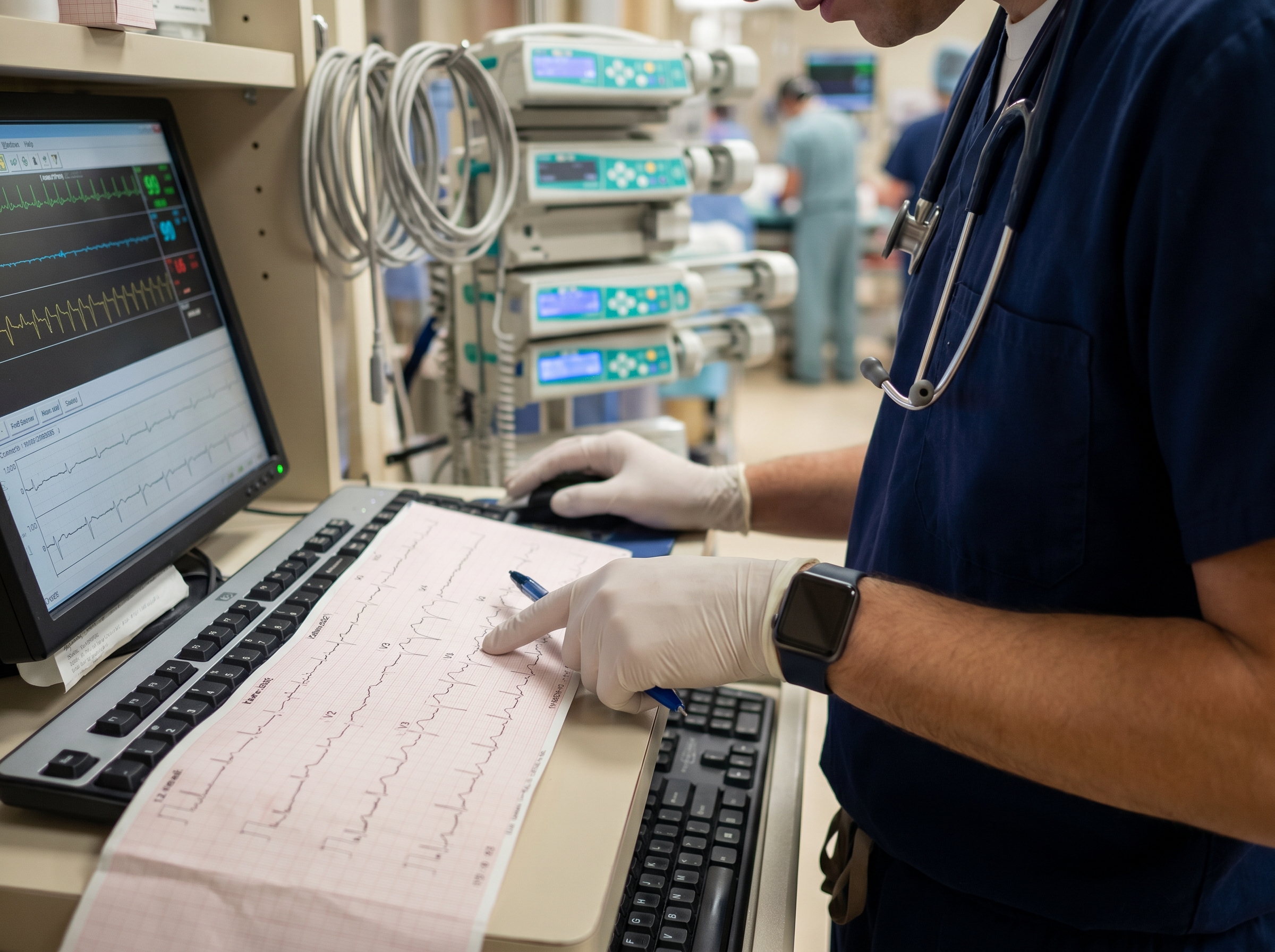 Emergency physician reviewing 12-lead ECG showing Wellens syndrome T-wave inversions in leads V2 and V3