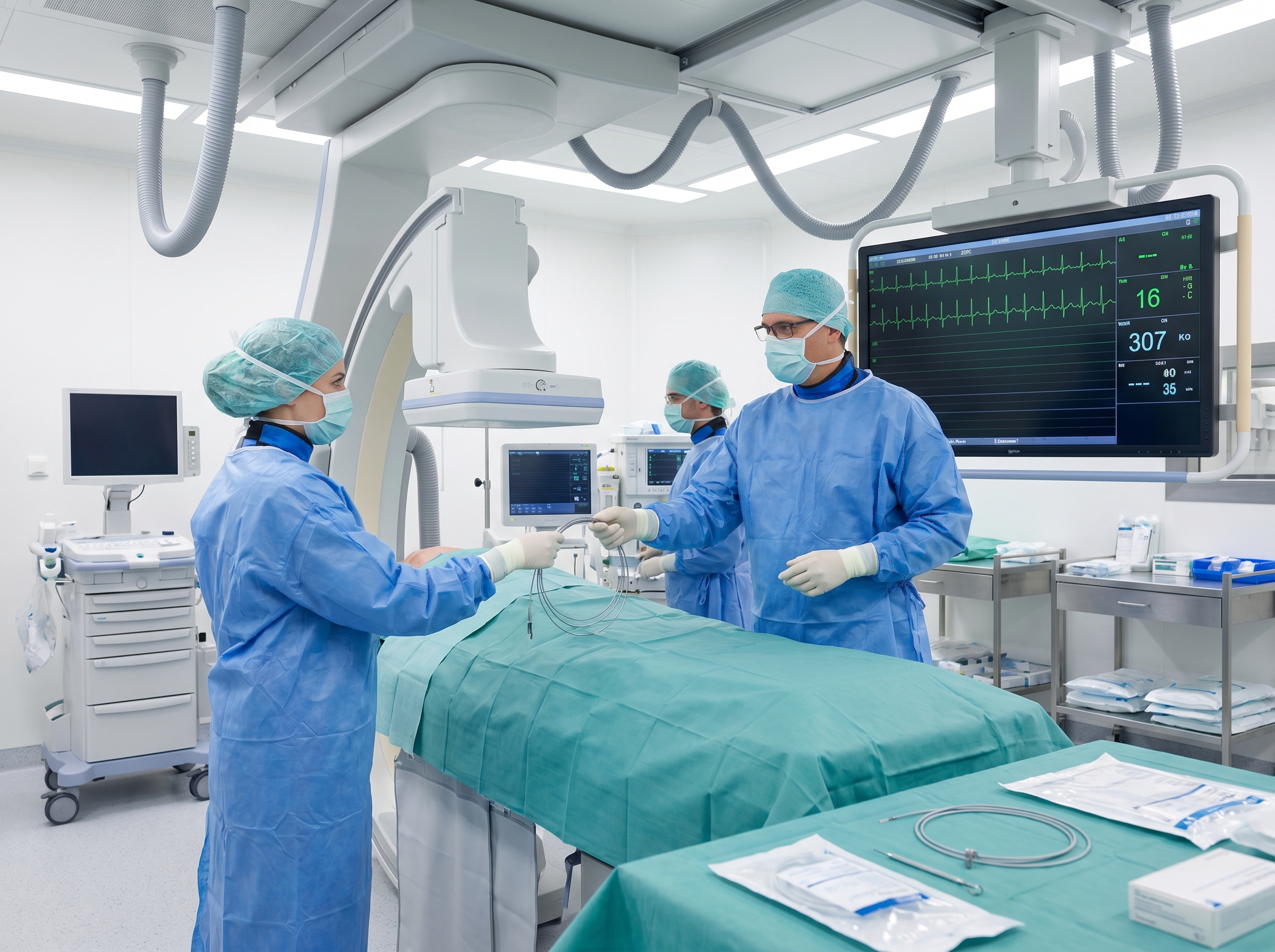 Interventional cardiology team preparing for urgent PCI in cardiac catheterization laboratory