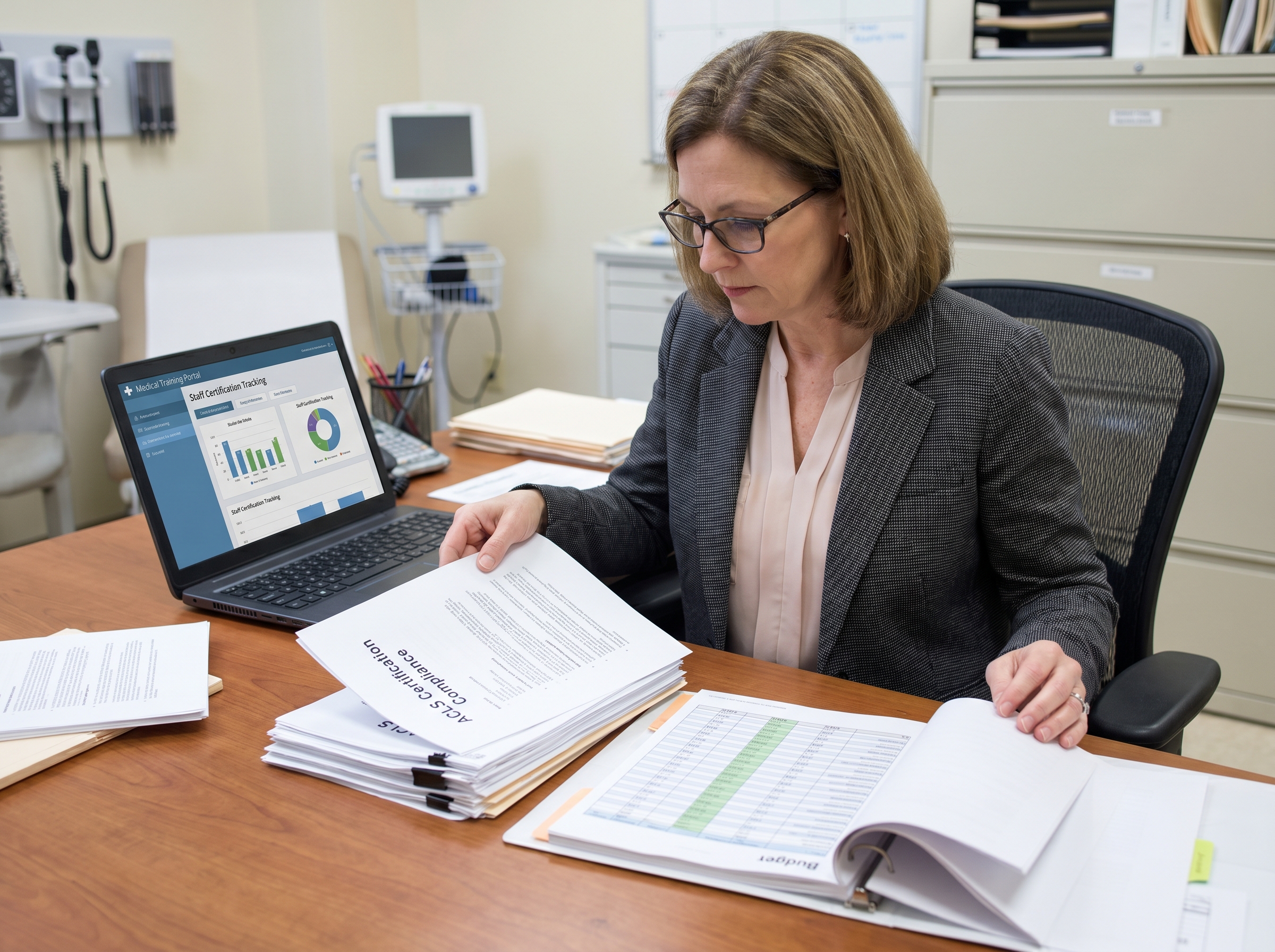 Healthcare department manager reviewing ACLS certification budget and compliance records at desk