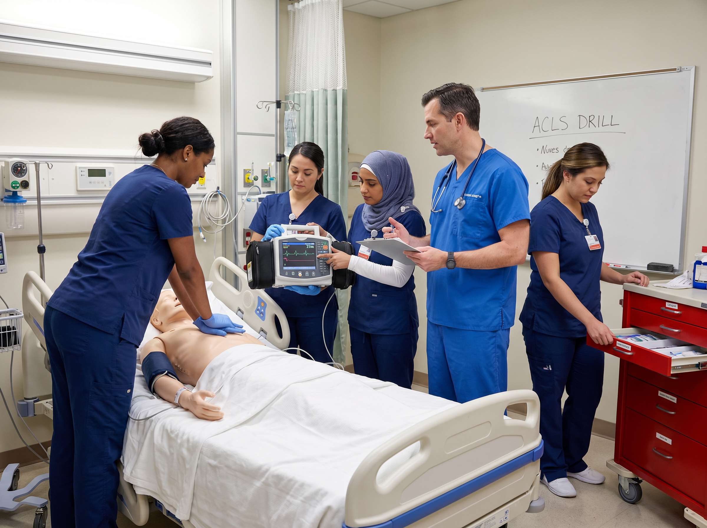 Hospital code response team practicing ACLS protocols around a crash cart during a code drill