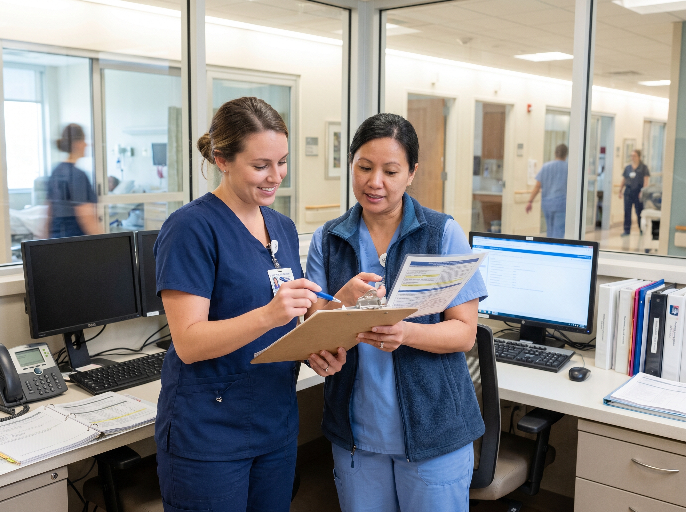 Float pool nurse receiving unit orientation from charge nurse at hospital nursing station