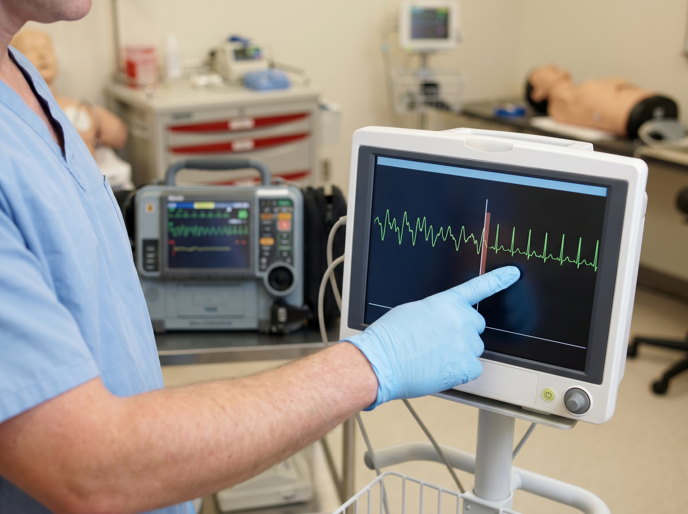 Healthcare provider reviewing cardiac rhythm monitor showing ventricular fibrillation conversion after successful defibrillation