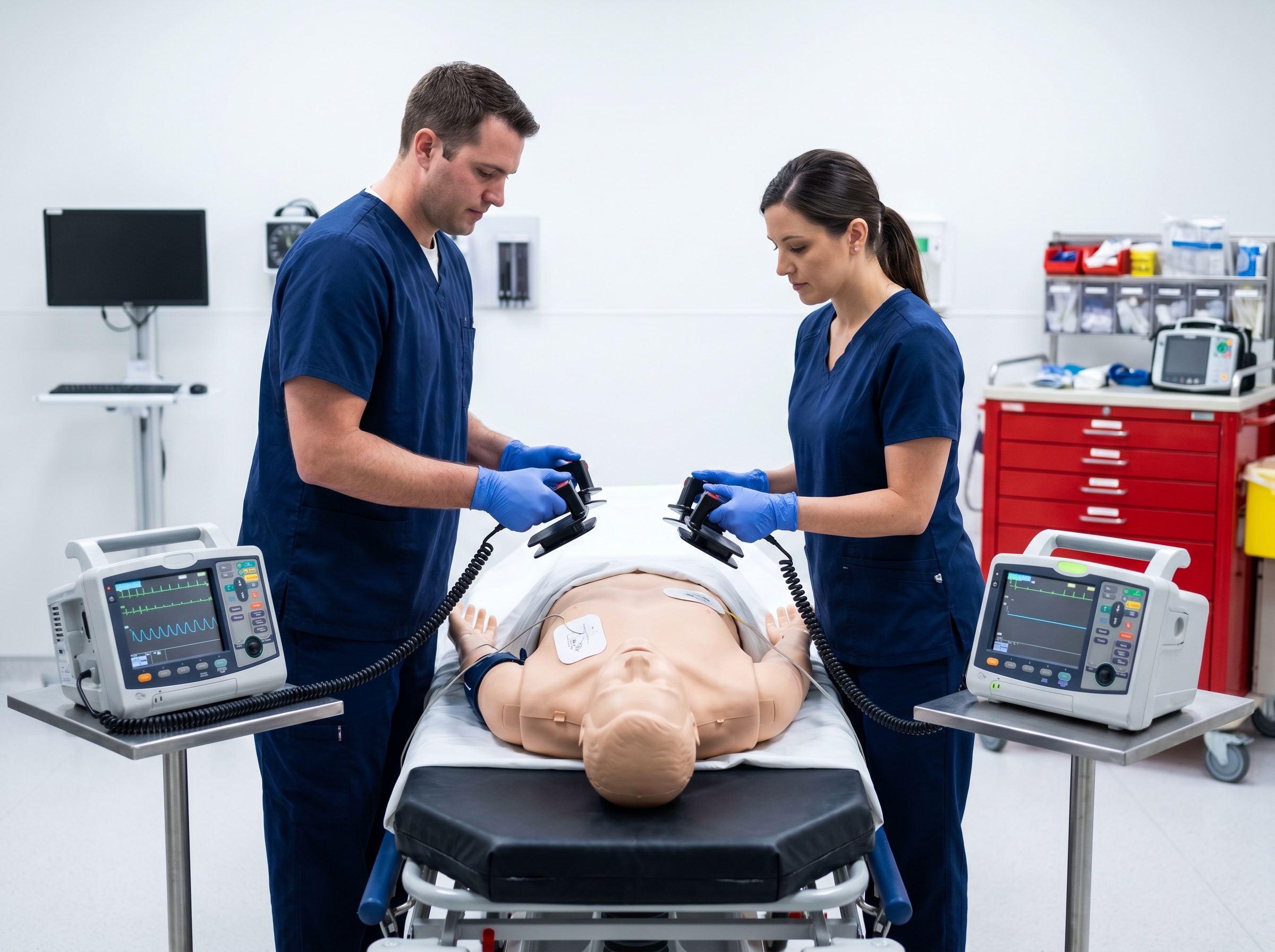Emergency physicians using two defibrillators in double sequential external defibrillation technique during cardiac arrest simulation