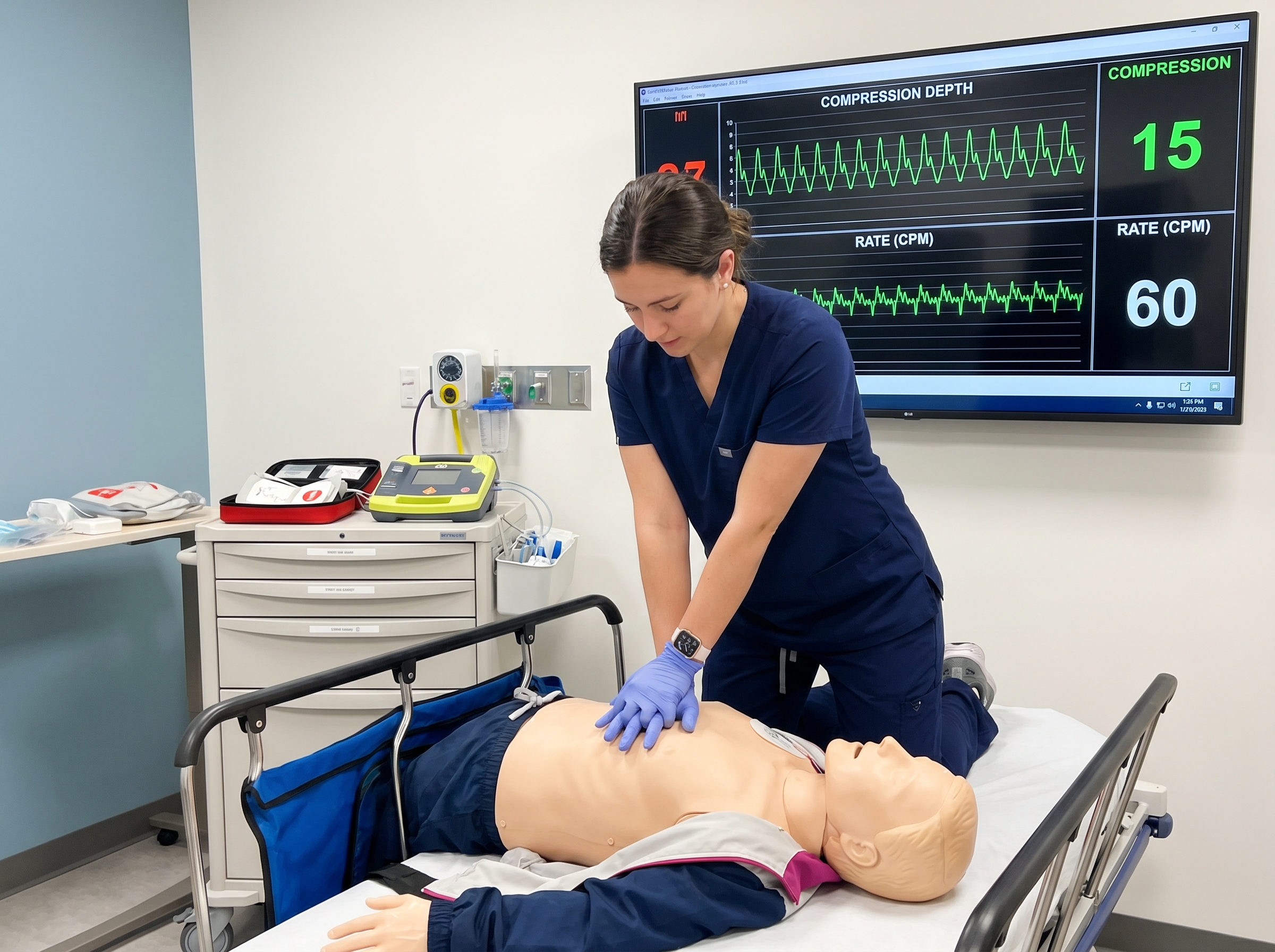 Healthcare provider practicing CPR chest compressions on a simulation manikin with feedback monitor
