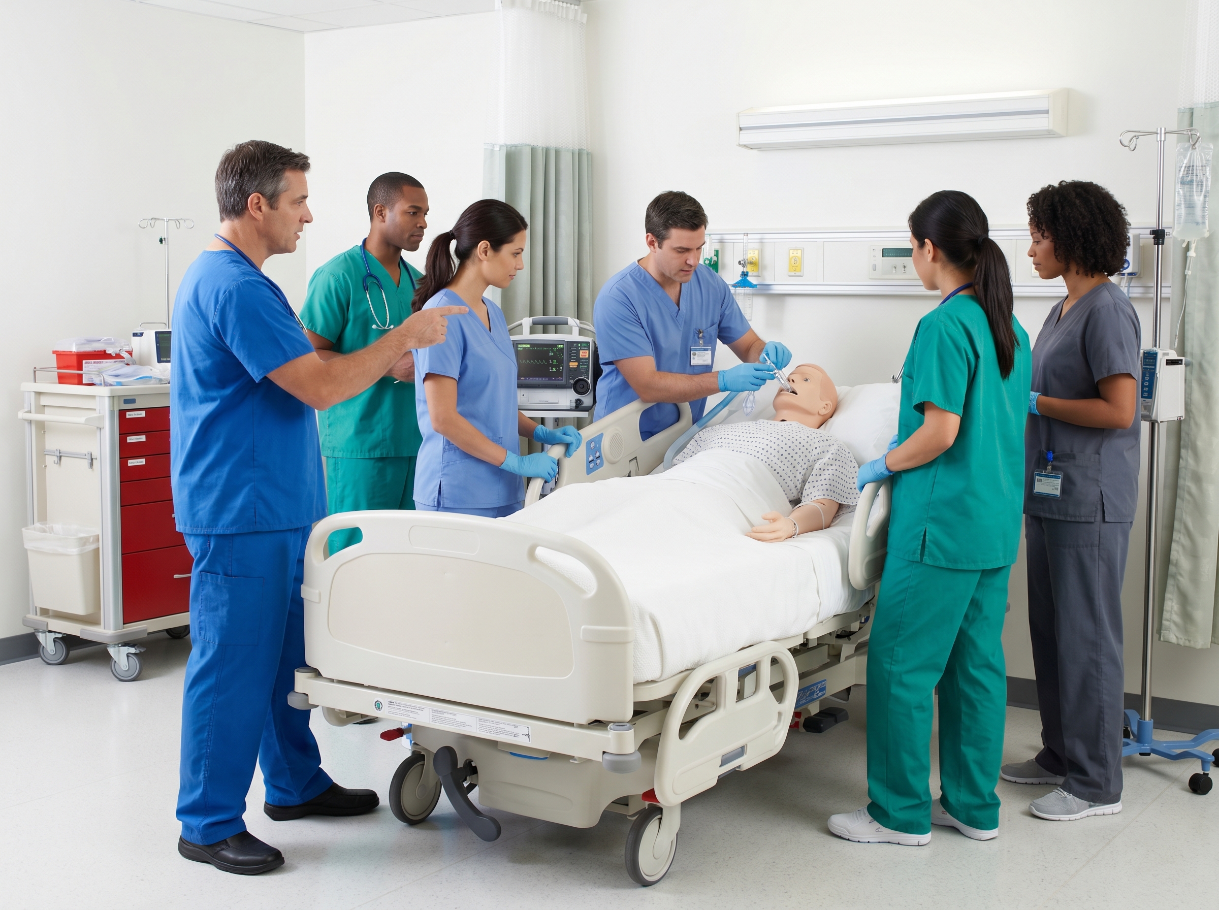 Multidisciplinary healthcare team conducting a mock code blue drill in a hospital unit