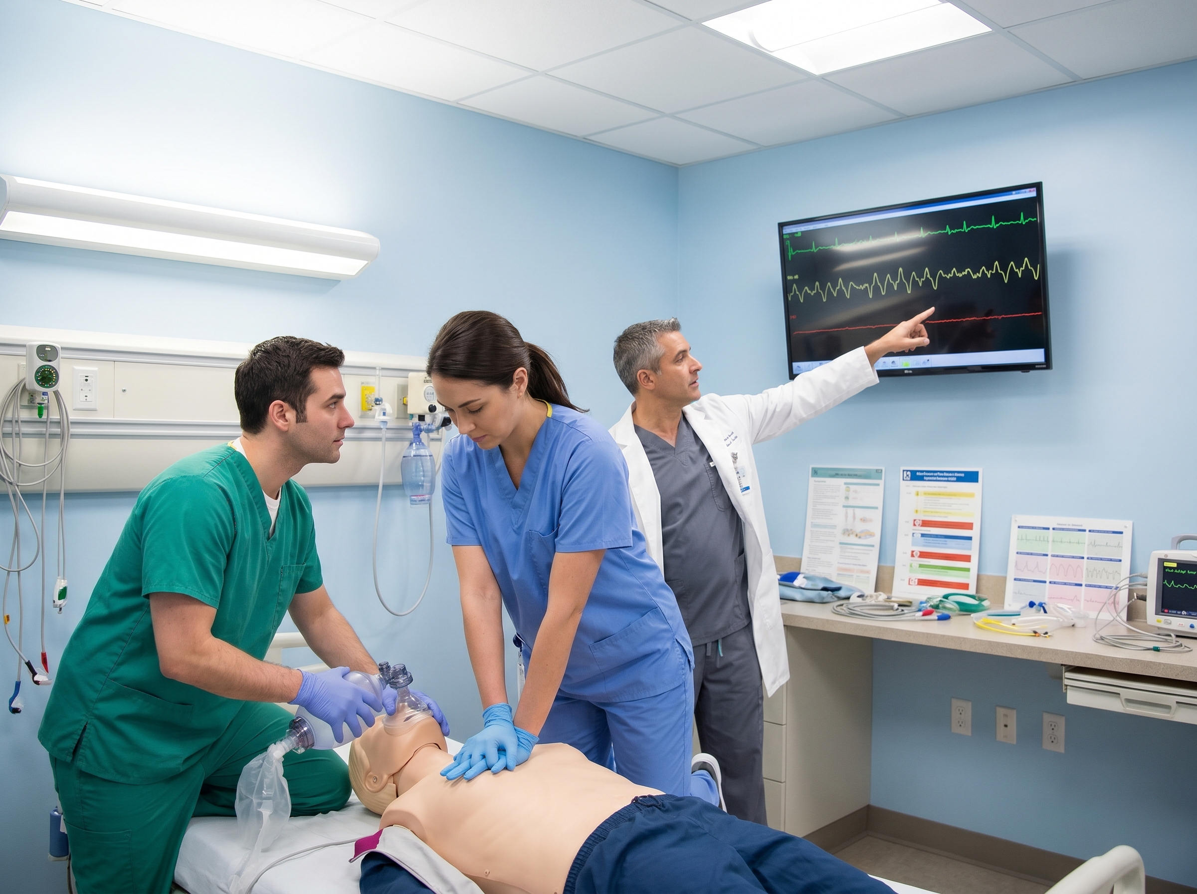 Healthcare team practicing CPR technique and cardiac arrest recognition in a clinical simulation training lab