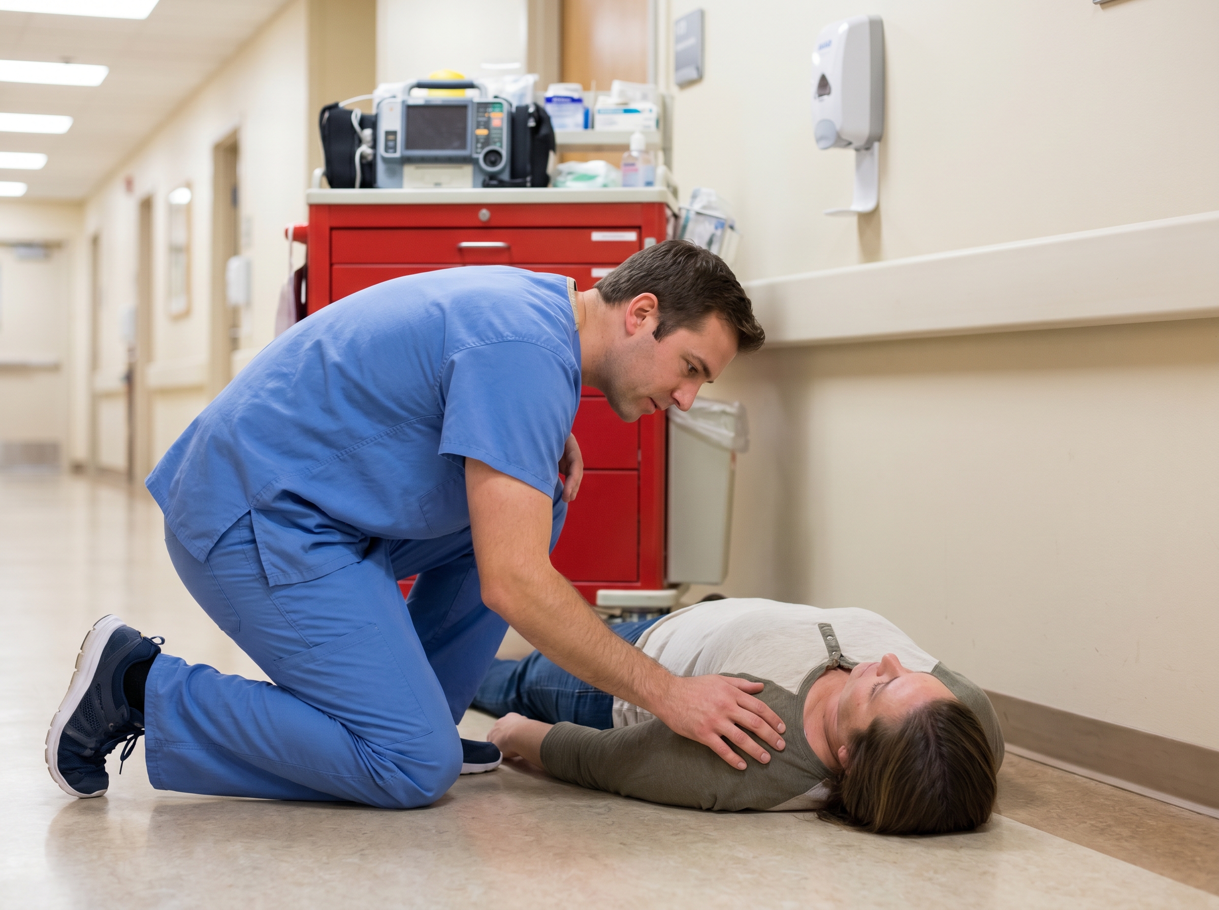 Healthcare provider assessing unresponsive patient for responsiveness and abnormal breathing before initiating CPR