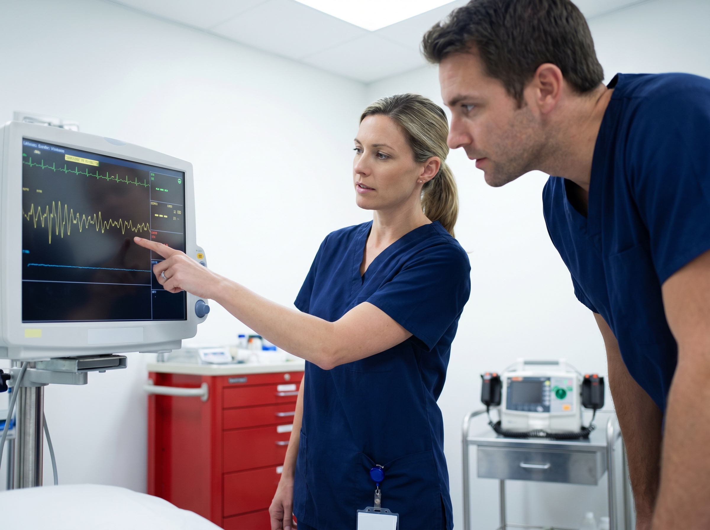 Emergency team reviewing ventricular fibrillation rhythm on cardiac monitor during resuscitation