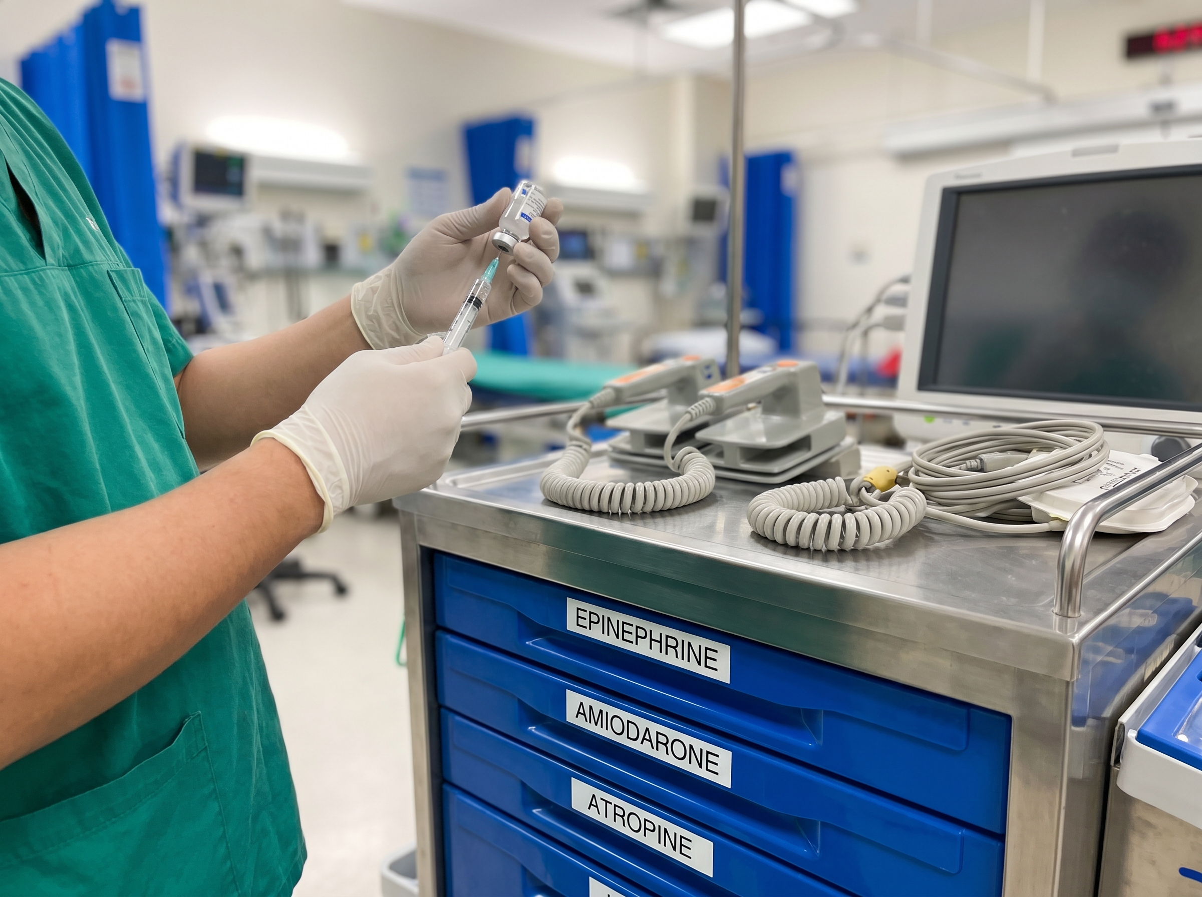 Healthcare provider preparing antiarrhythmic medication at crash cart during cardiac arrest response