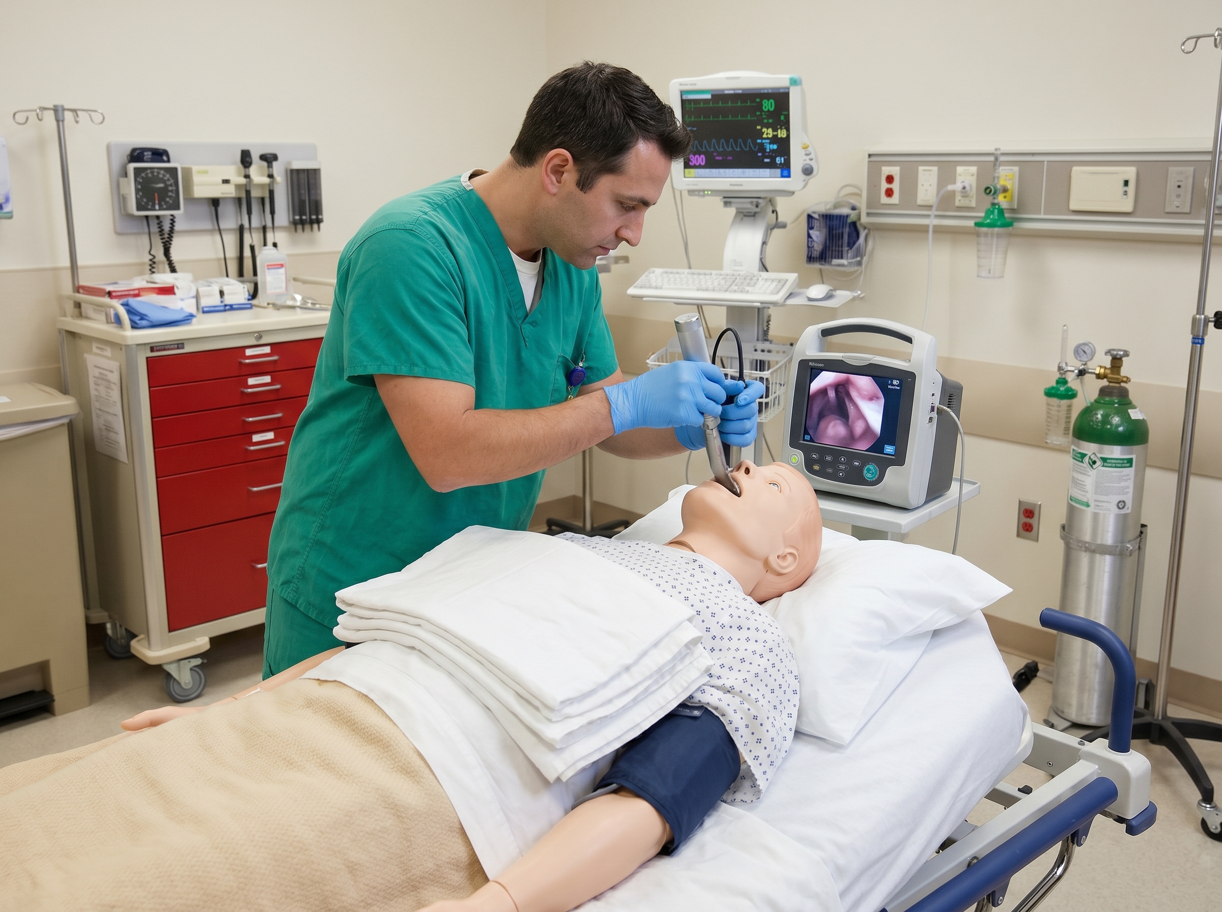 Emergency provider using video laryngoscopy for airway management in a bariatric patient with ramped positioning