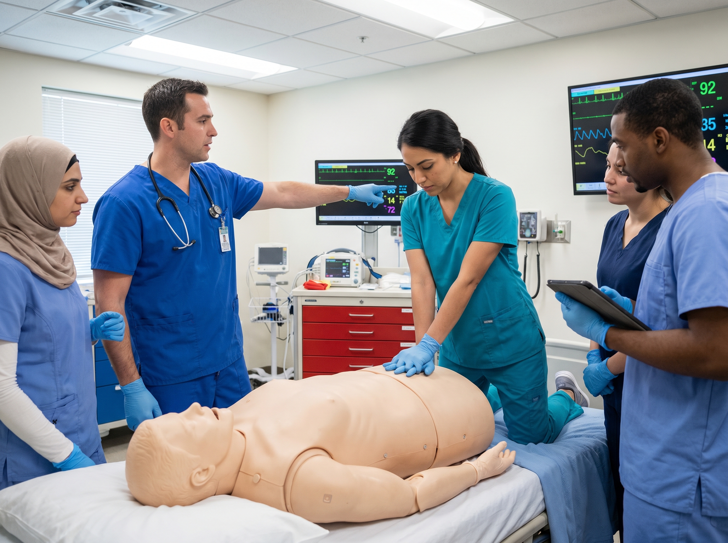 Healthcare team performing CPR chest compressions on a bariatric training mannequin during ACLS simulation training