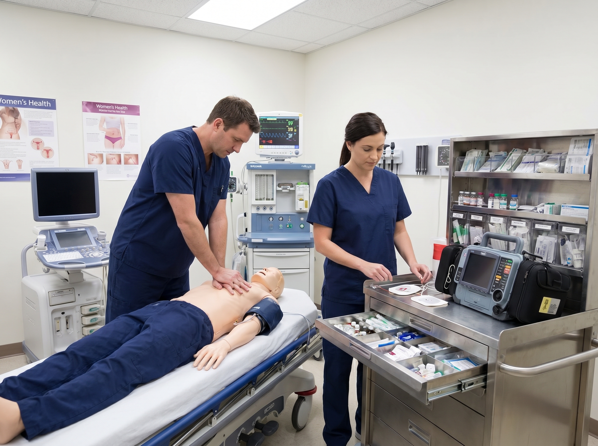 Healthcare team performing ACLS emergency crash cart drill in outpatient IVF clinic setting
