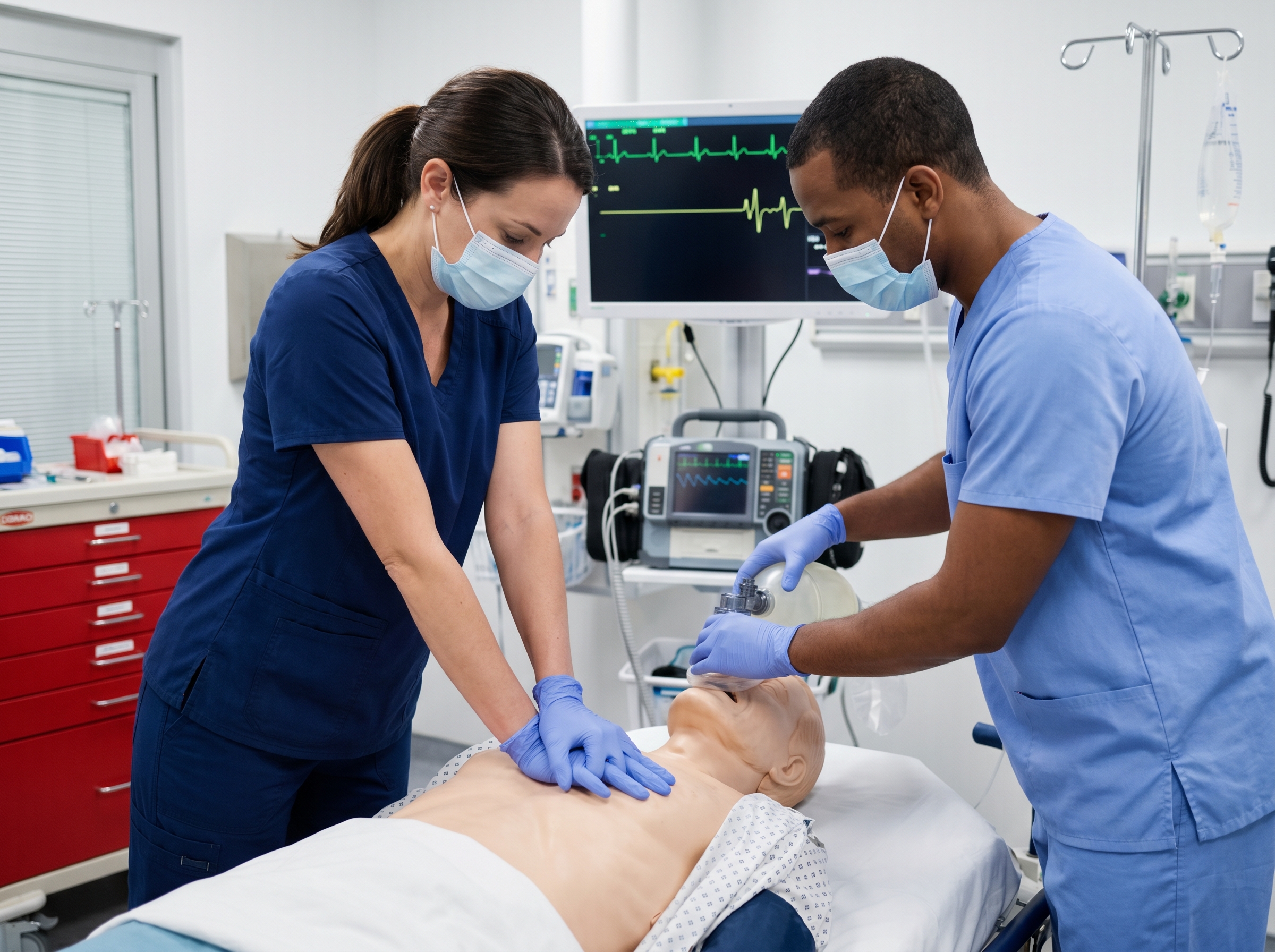 Healthcare providers performing CPR on an elderly patient simulation in a resuscitation bay