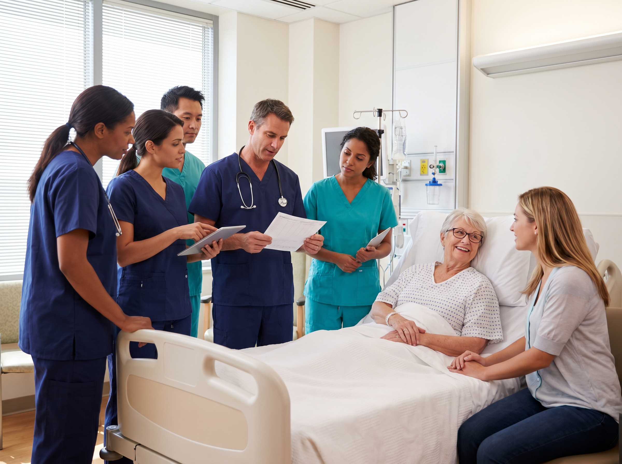 Healthcare team conducting a goals-of-care discussion with an elderly patient and family member