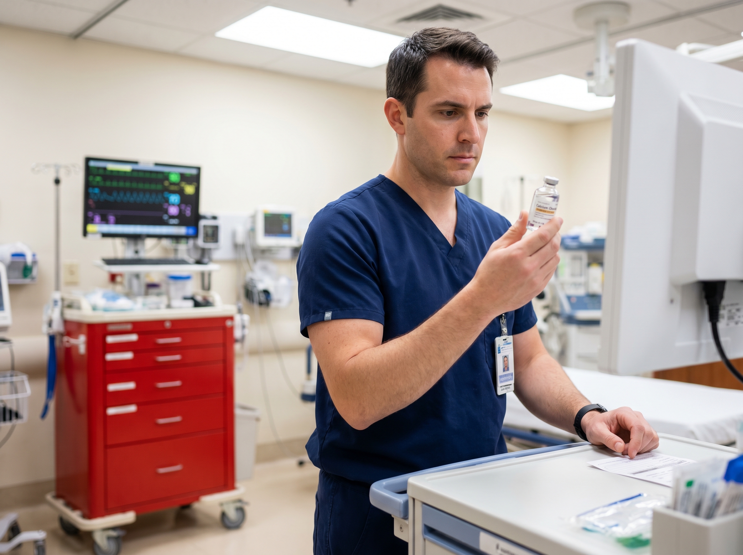 Emergency physician reviewing calcium chloride vial at a resuscitation bay medication cart